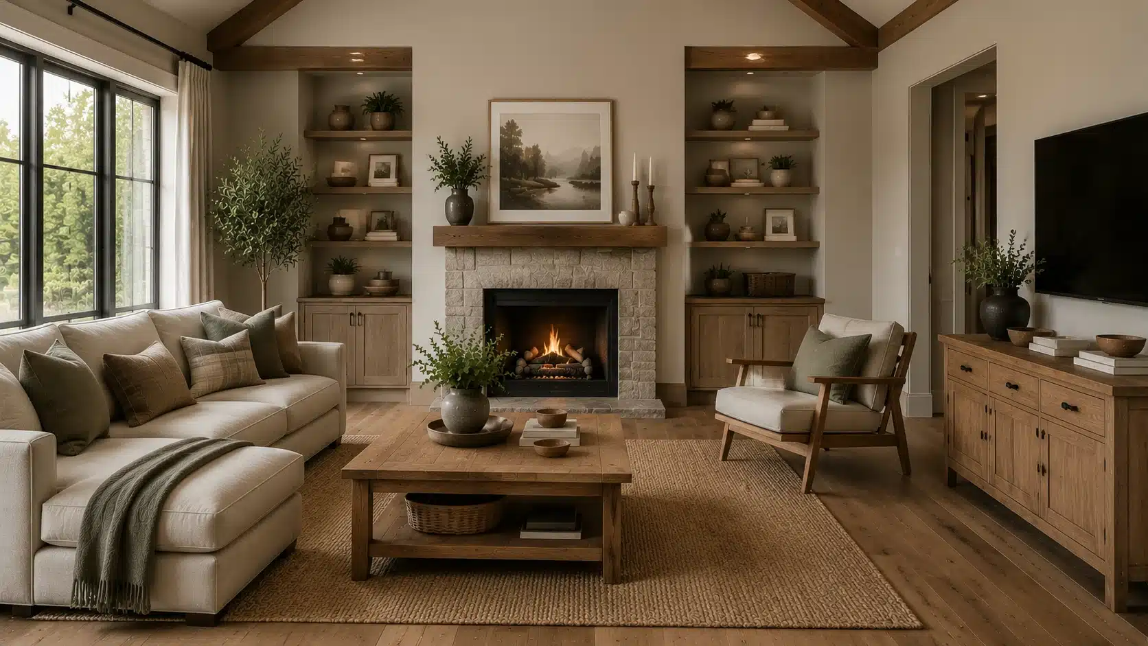 Edgecomb Gray living room with exposed wood beams, wooden furniture, stone fireplace, built-in shelves, and warm natural textures.
