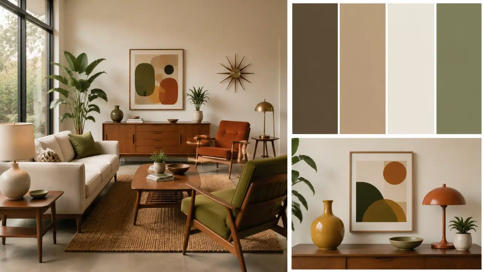 Mid-century modern interior with warm neutral shades, walnut furniture, beige tones, natural textures, and cozy earthy decor.