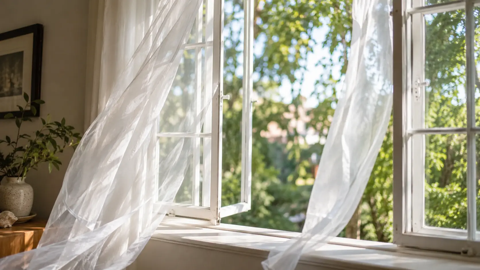 Open windows with sheer white curtains blowing gently in fresh air and warm natural sunlight.