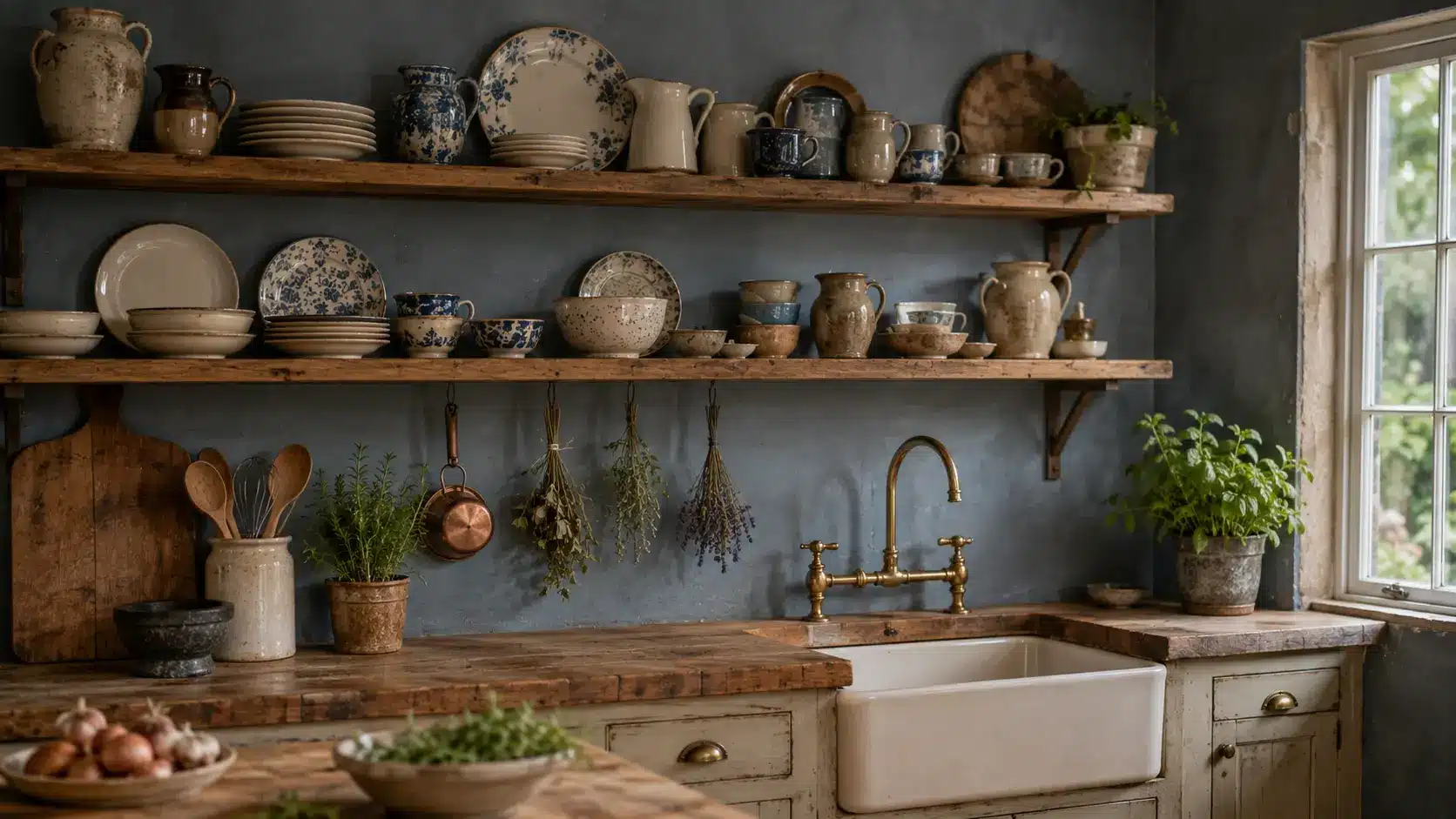Rustic kitchen with open wooden shelves displaying ceramic plates, bowls, and pitchers above a farmhouse sink, with hanging dried herbs, potted plants, and wooden countertops.
