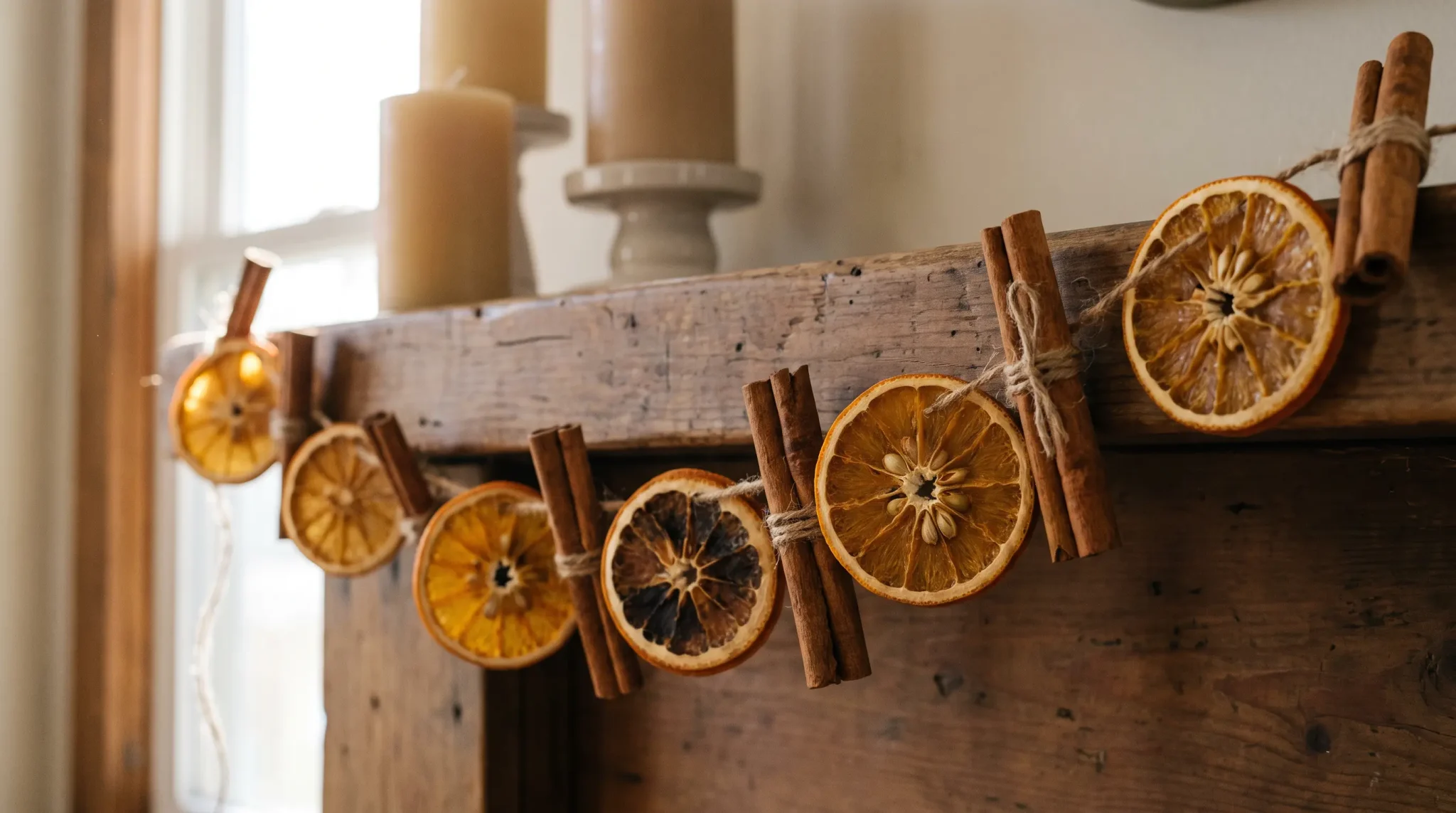 Dried orange garland with small cinnamon-stick bundles threaded between the citrus slices.
