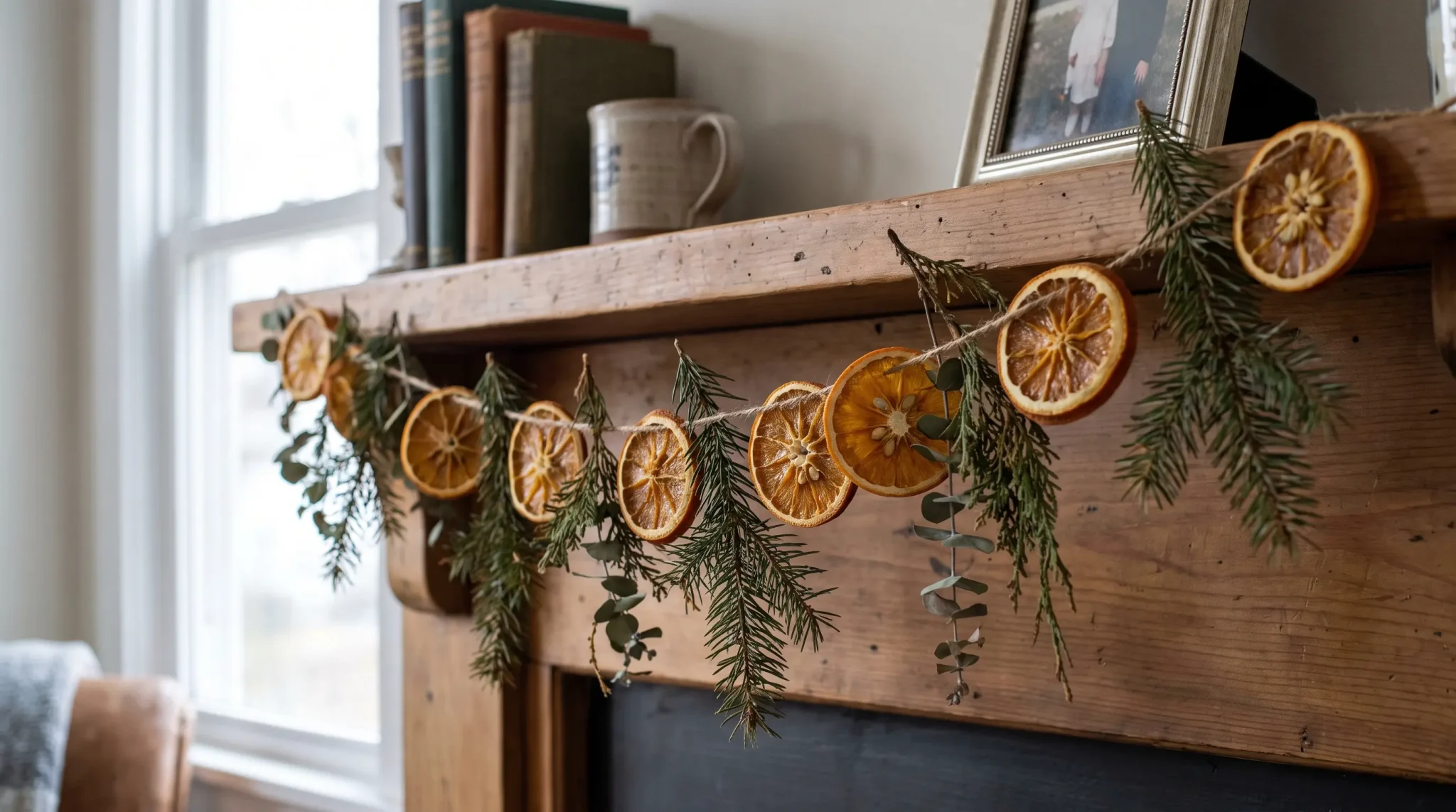 Dried orange garland layered with small pine, spruce, and eucalyptus sprigs for a fuller look.