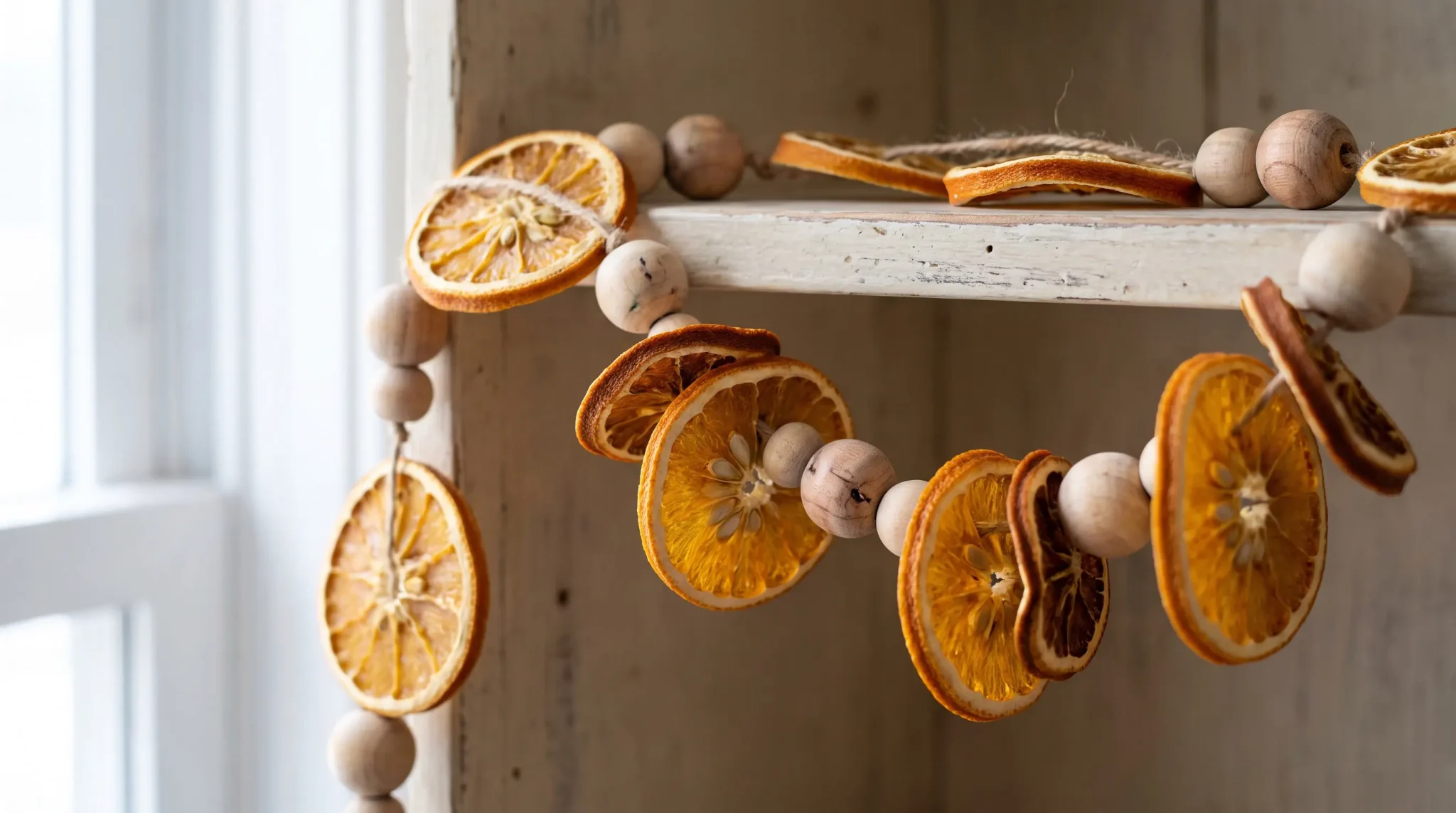Dried orange garland with unfinished wooden beads spaced between the citrus slices on natural twine.