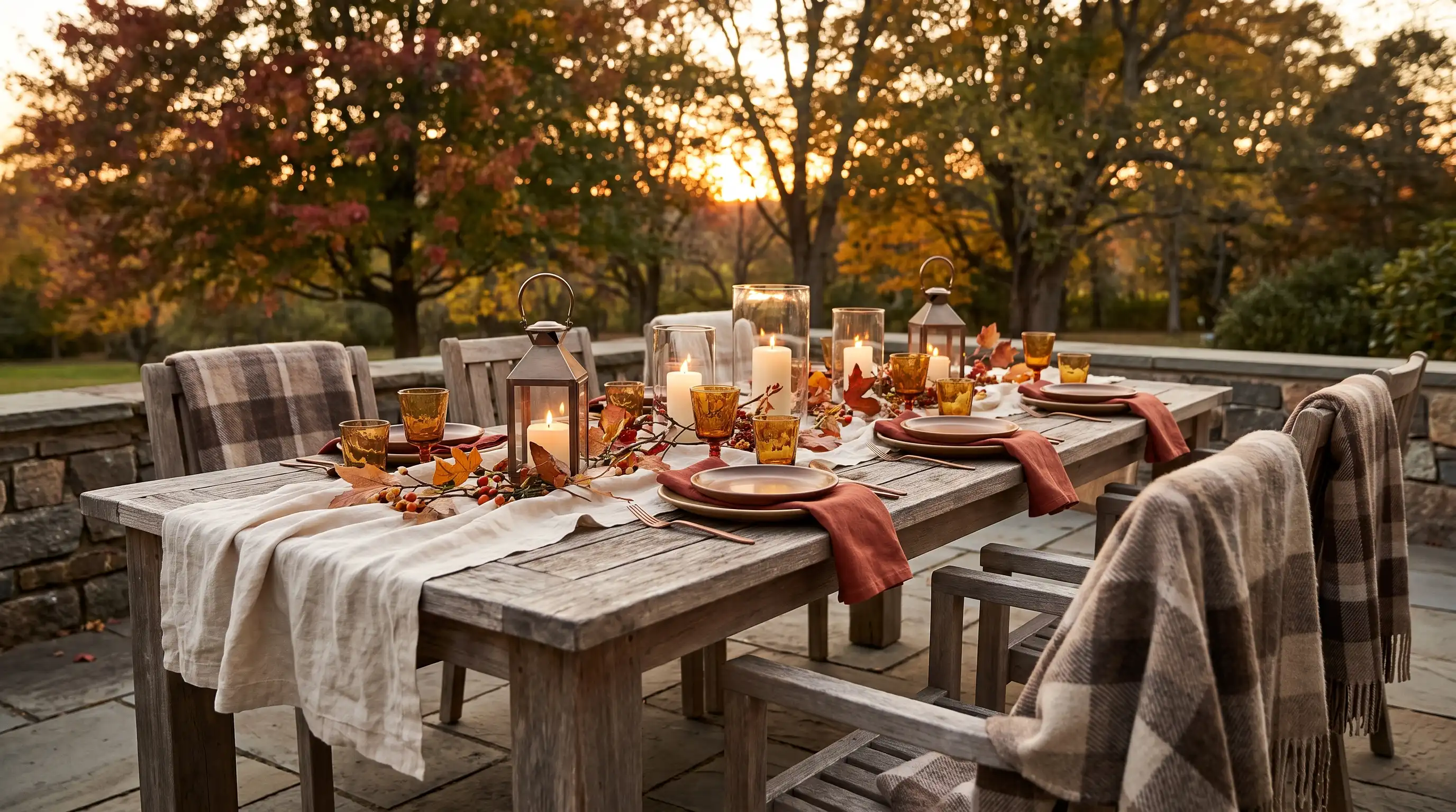 Outdoor fall table with cream linens, rust napkins, lanterns, throws, and colorful autumn foliage
