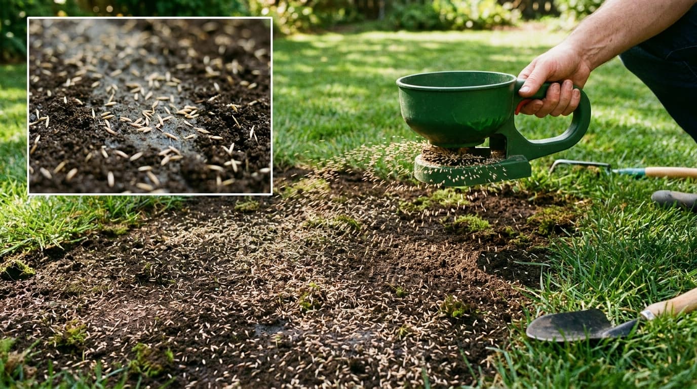 Overseeding bare lawn patches after moss removal for grass recovery