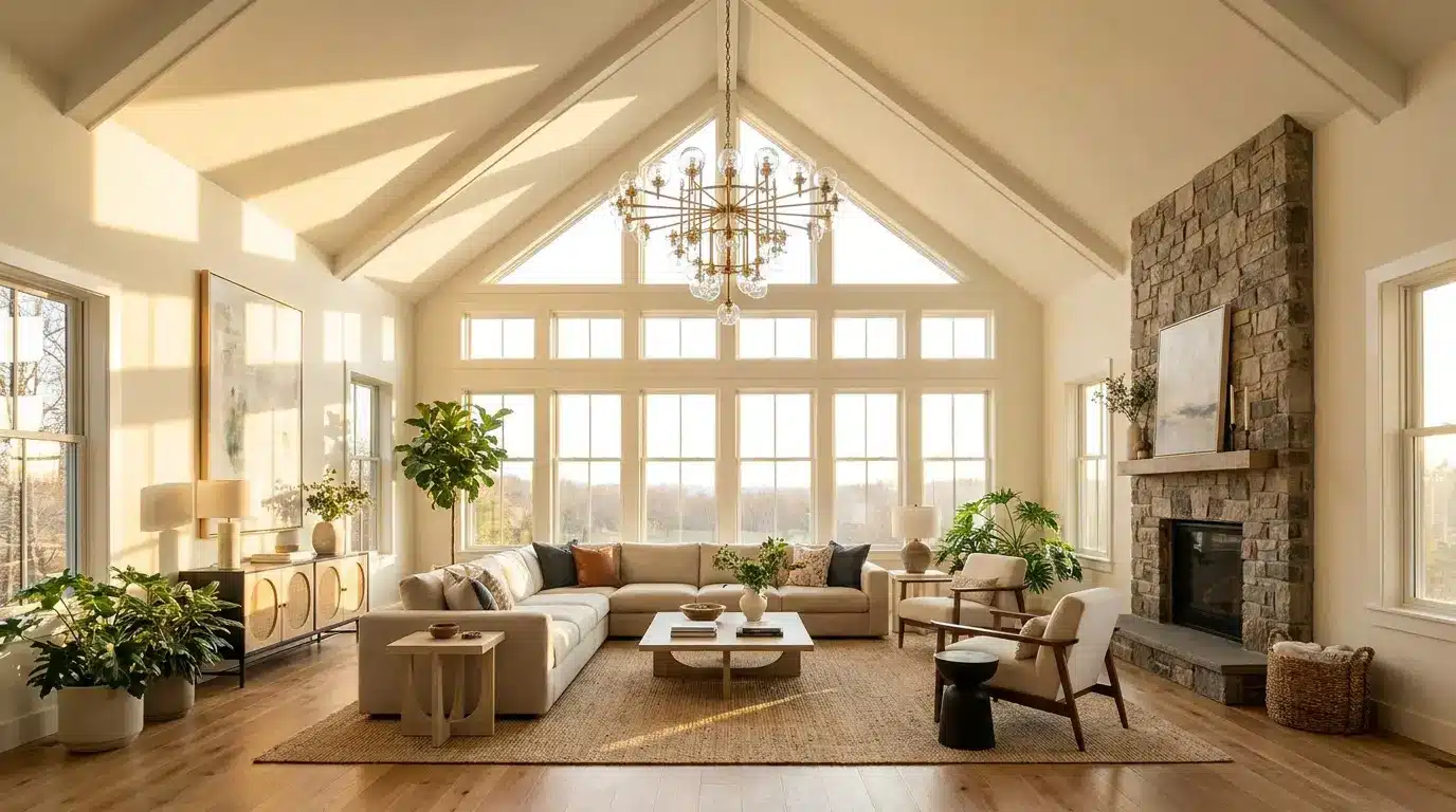 Spacious living room with a vaulted ceiling, oversized chandelier, large windows, beige sectional sofa, indoor plants, and a floor-to-ceiling stone fireplace.