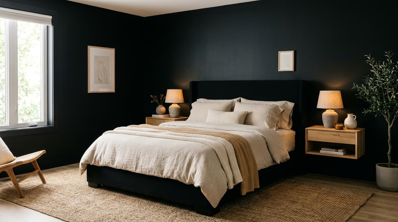Modern bedroom with all black walls balanced by beige bedding and warm lighting