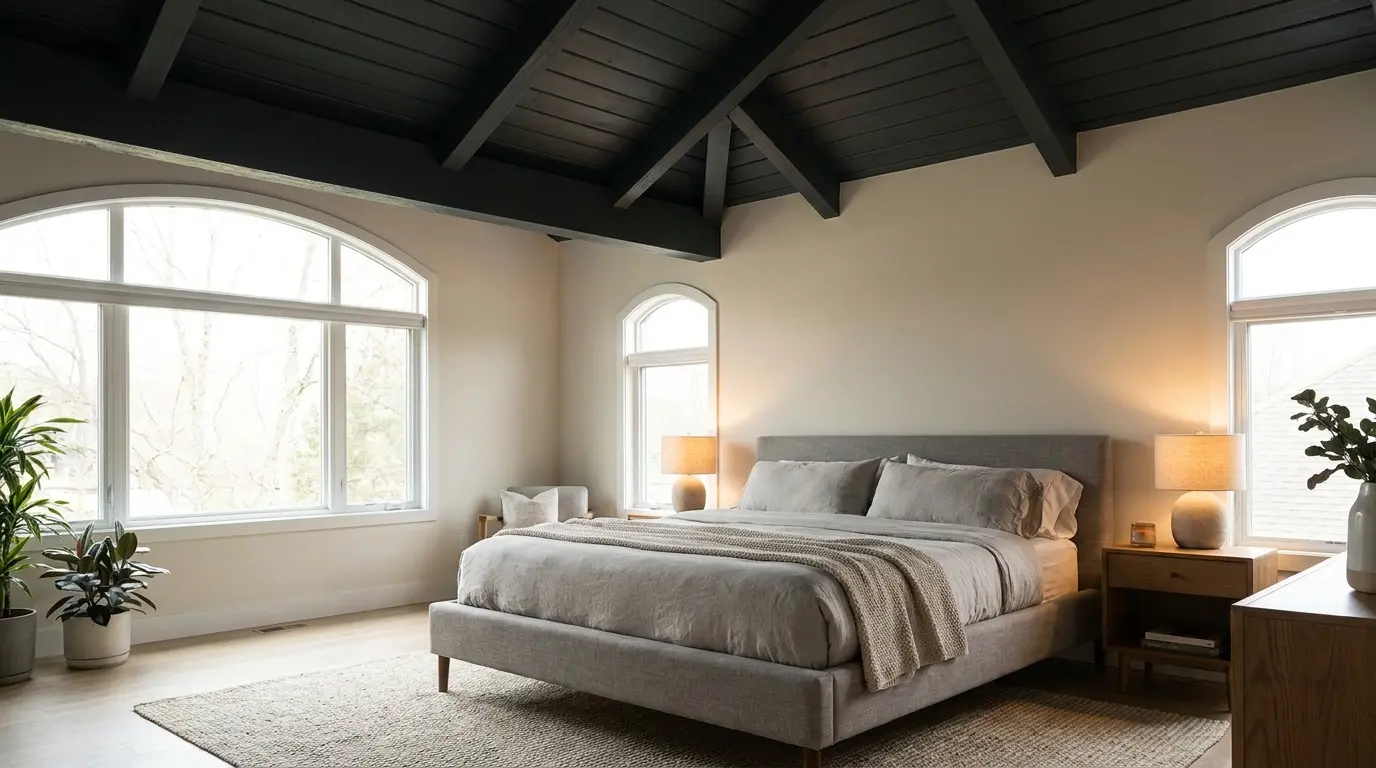 Modern bedroom with a dark vaulted ceiling, exposed beams, neutral bedding, arched windows, warm lamps, and potted plants.