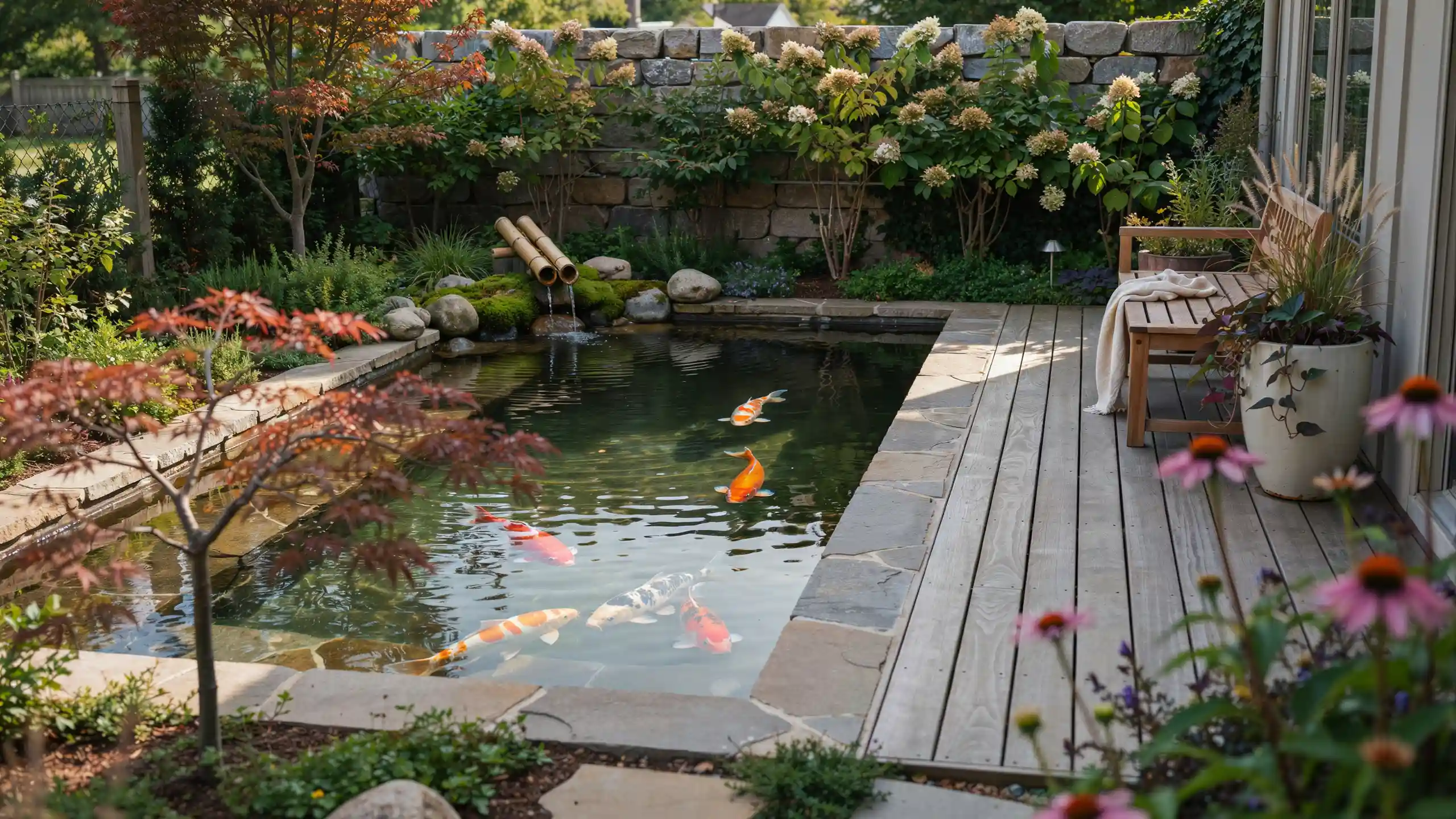 Patio-side koi pond with bamboo water spouts, stone edging, Japanese maples, flowering shrubs, and a wooden bench.