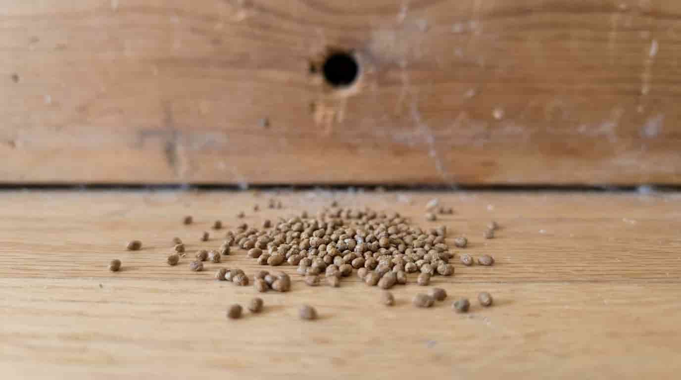 Drywood termite frass pellets collected below a ceiling opening.