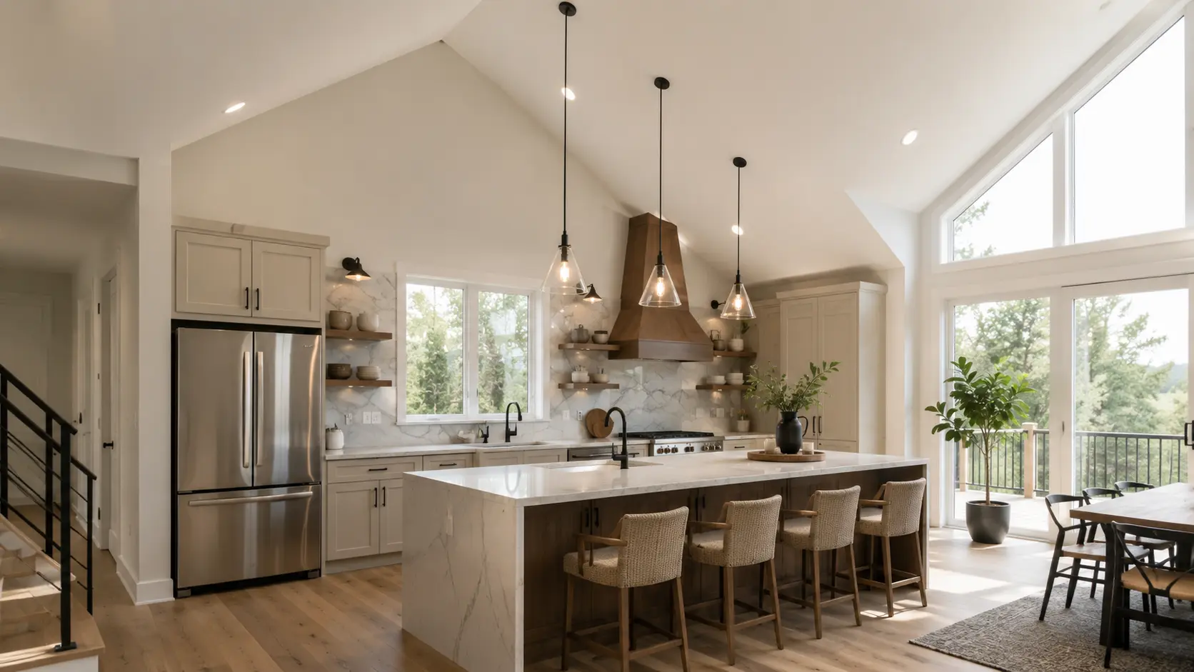 Modern kitchen with a vaulted ceiling, three pendant lights over a large island, warm cabinetry, marble surfaces, and natural light.