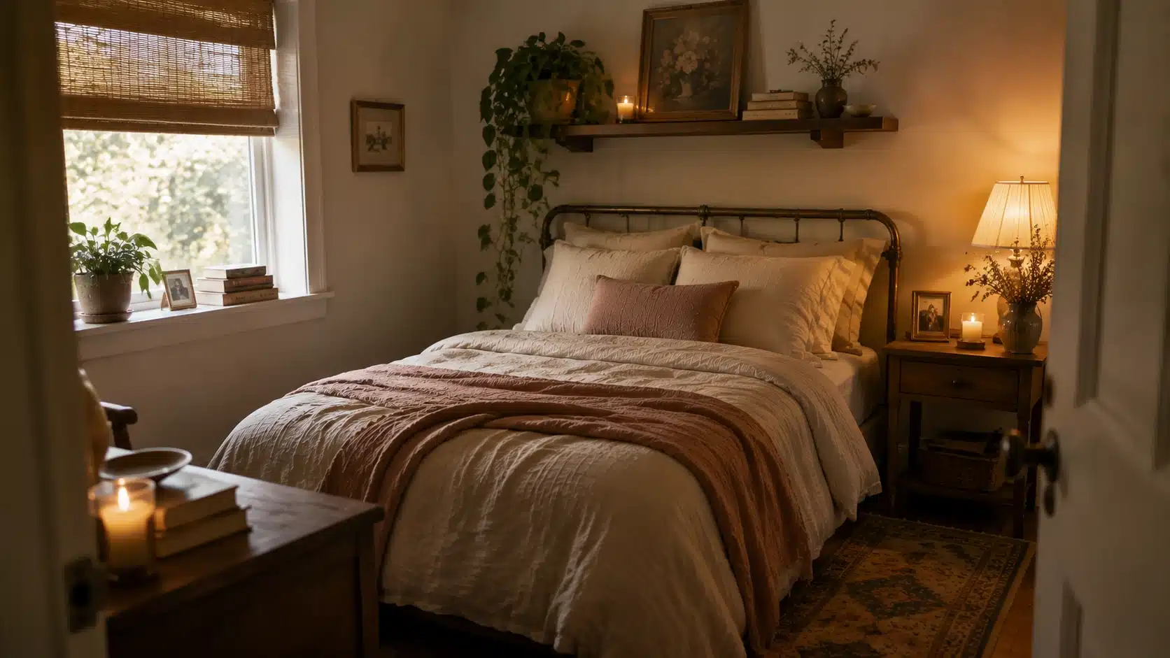 Small cozy bedroom with personal decor, books, plants, candles, and lived-in romantic styling