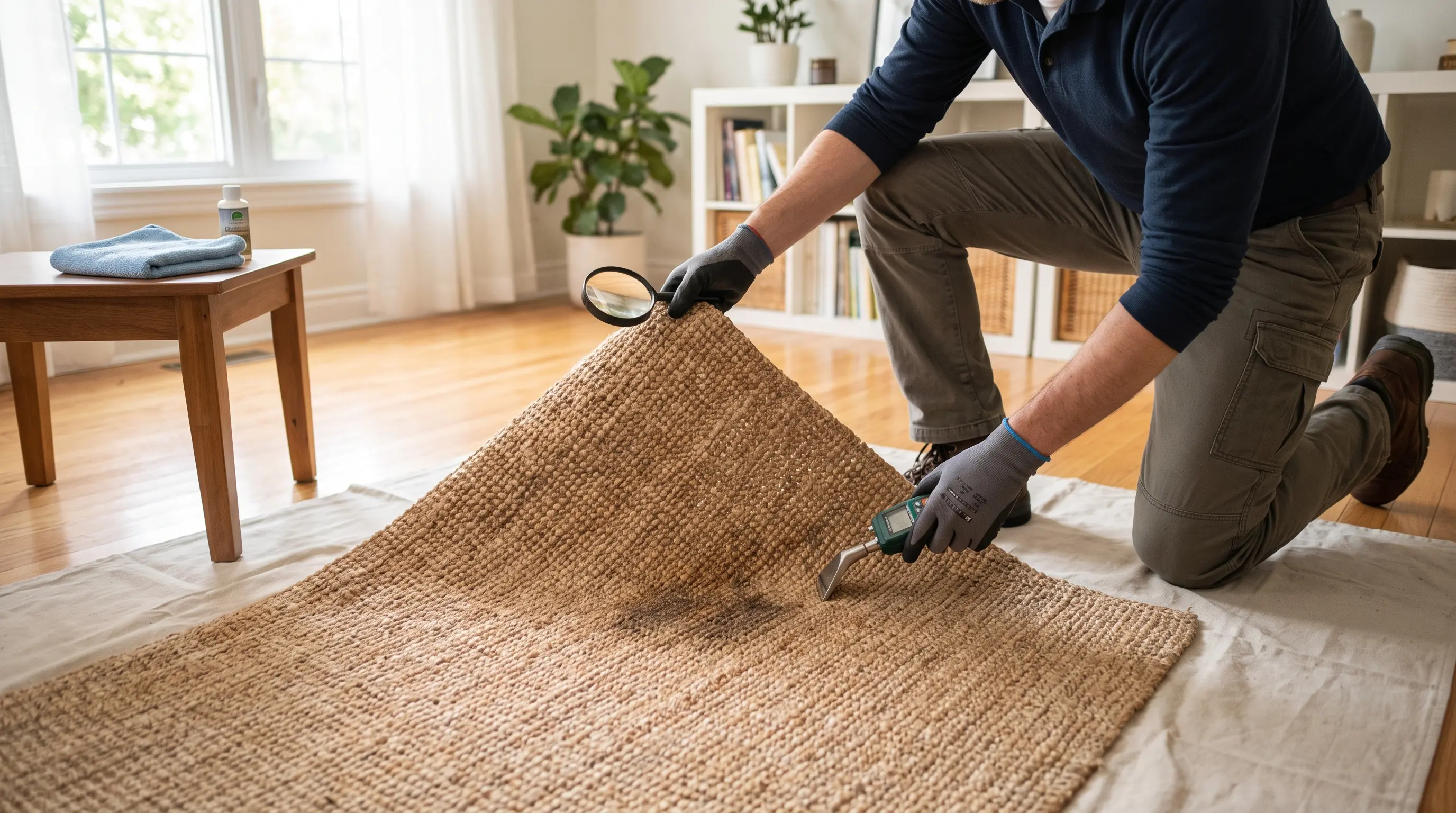 Inspecting deep pet stains before cleaning jute rug to determine proper treatment.
