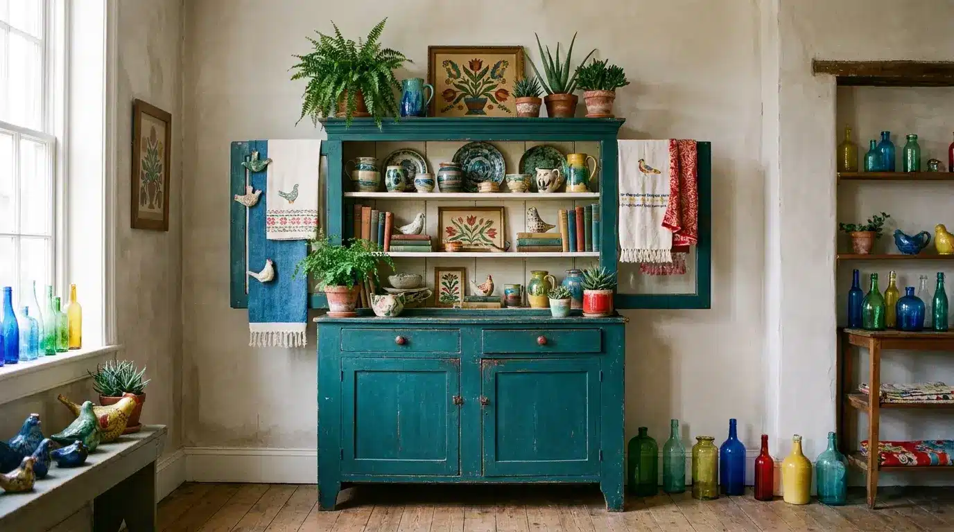 teal vintage cabinet styled with plants pottery books colorful glass bottles and handcrafted decor