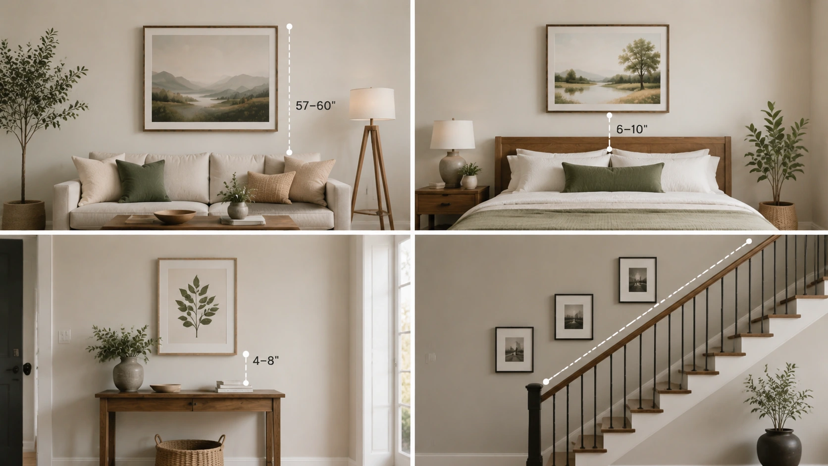 Picture hanging height chart showing artwork placement above sofa, bed, console, and staircase measurements.