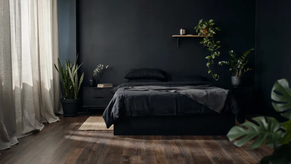 Black bedroom with green plants adding natural contrast and warmth