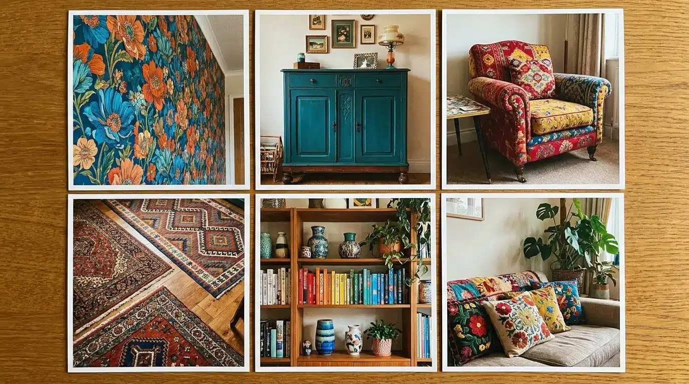 maximalist interior design collage with floral wallpaper painted furniture layered rugs colorful bookshelves and patterned cushions