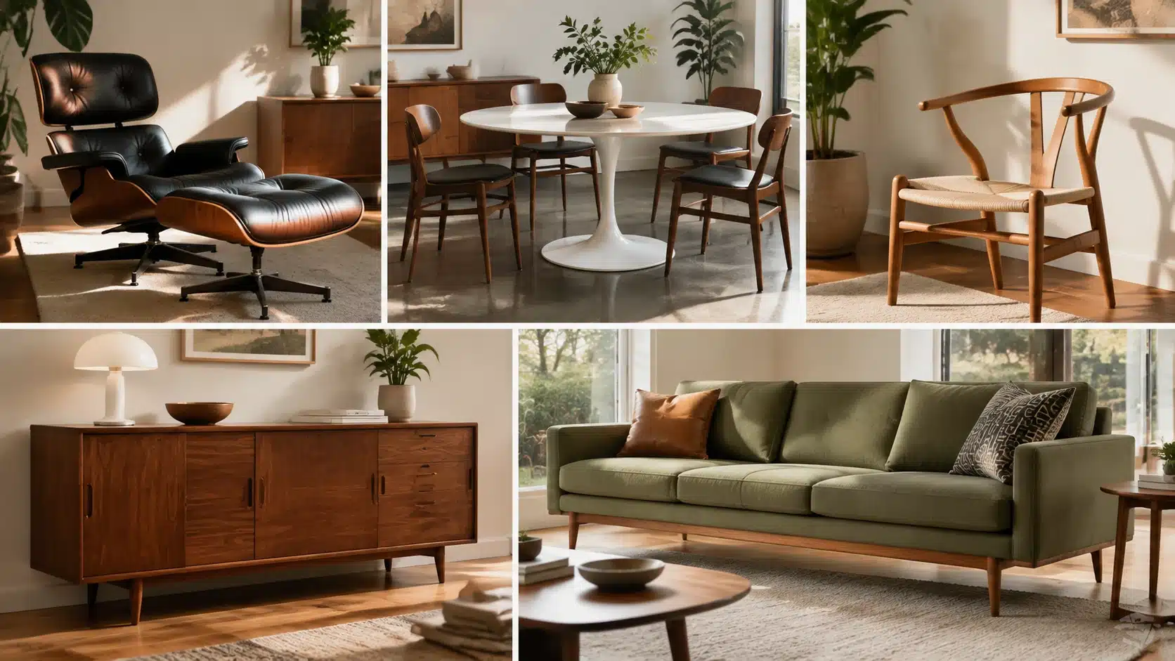 Mid-century modern furniture pieces featuring an Eames chair, tulip table, wishbone chair, credenza, and low-profile sofa.