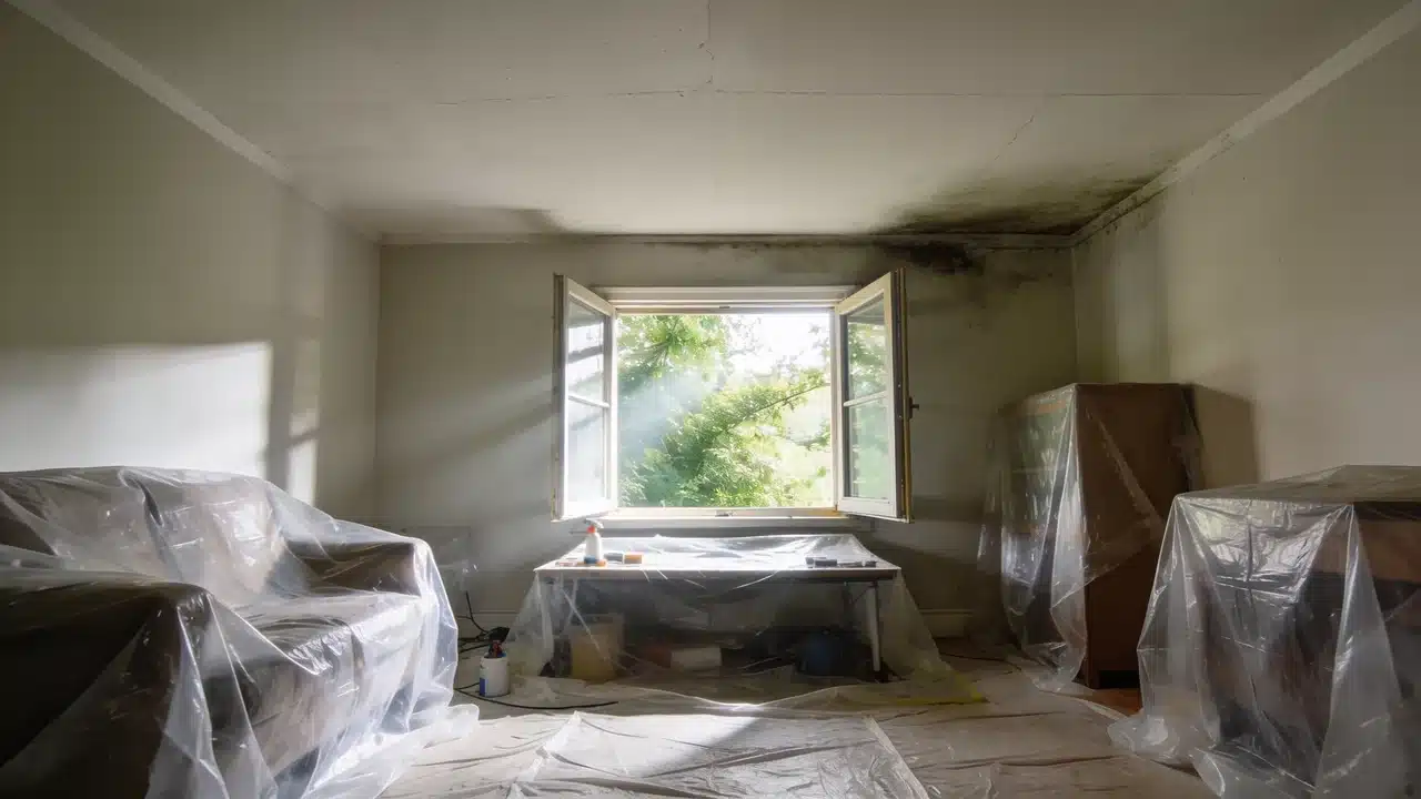 Room prepared with protective coverings before ceiling mold cleaning