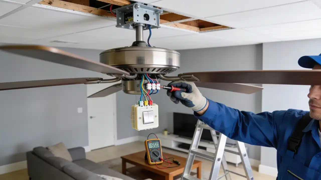 Professional electrician completing a ceiling fan installation safely.
