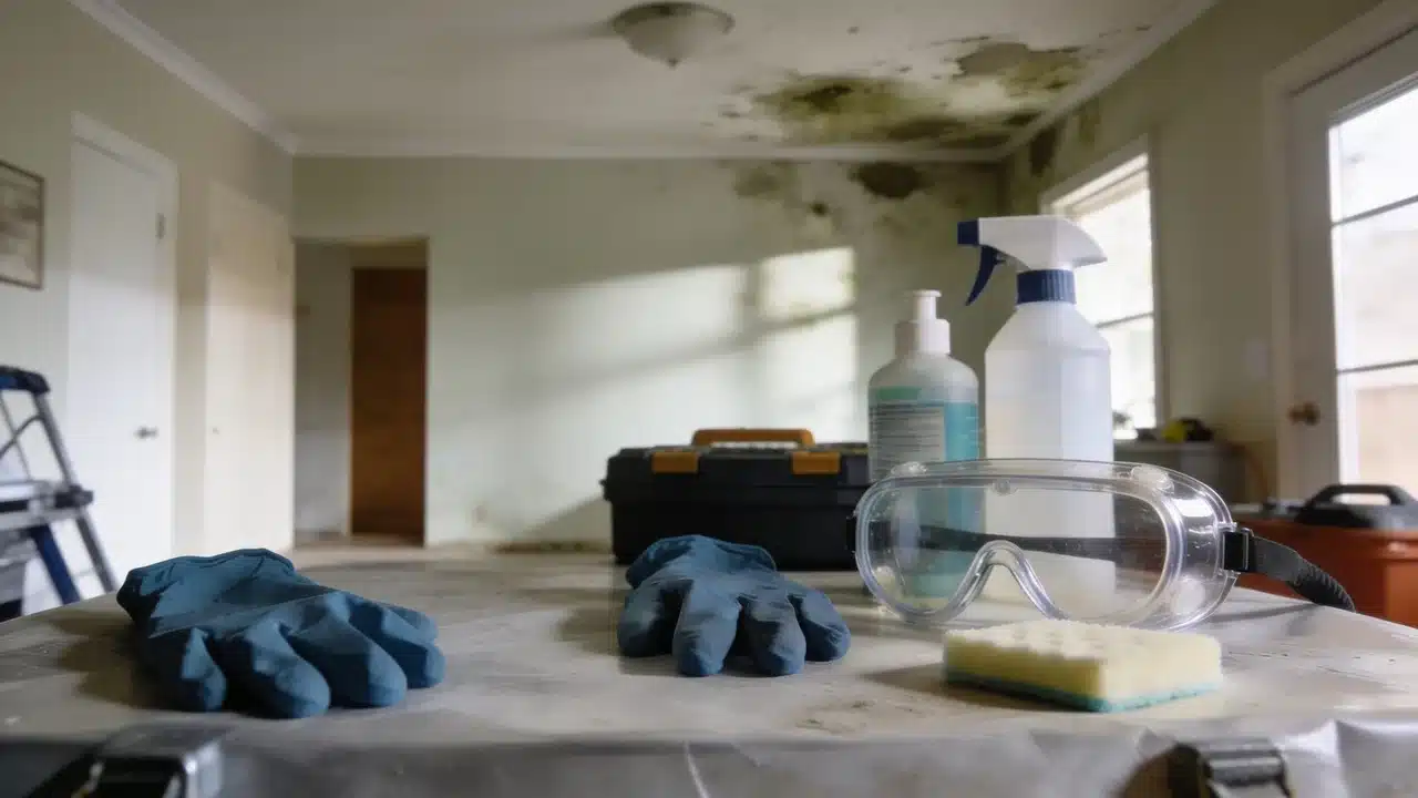 A protective gloves, safety goggles, and cleaning supplies placed on a covered surface near a room with visible ceiling mold