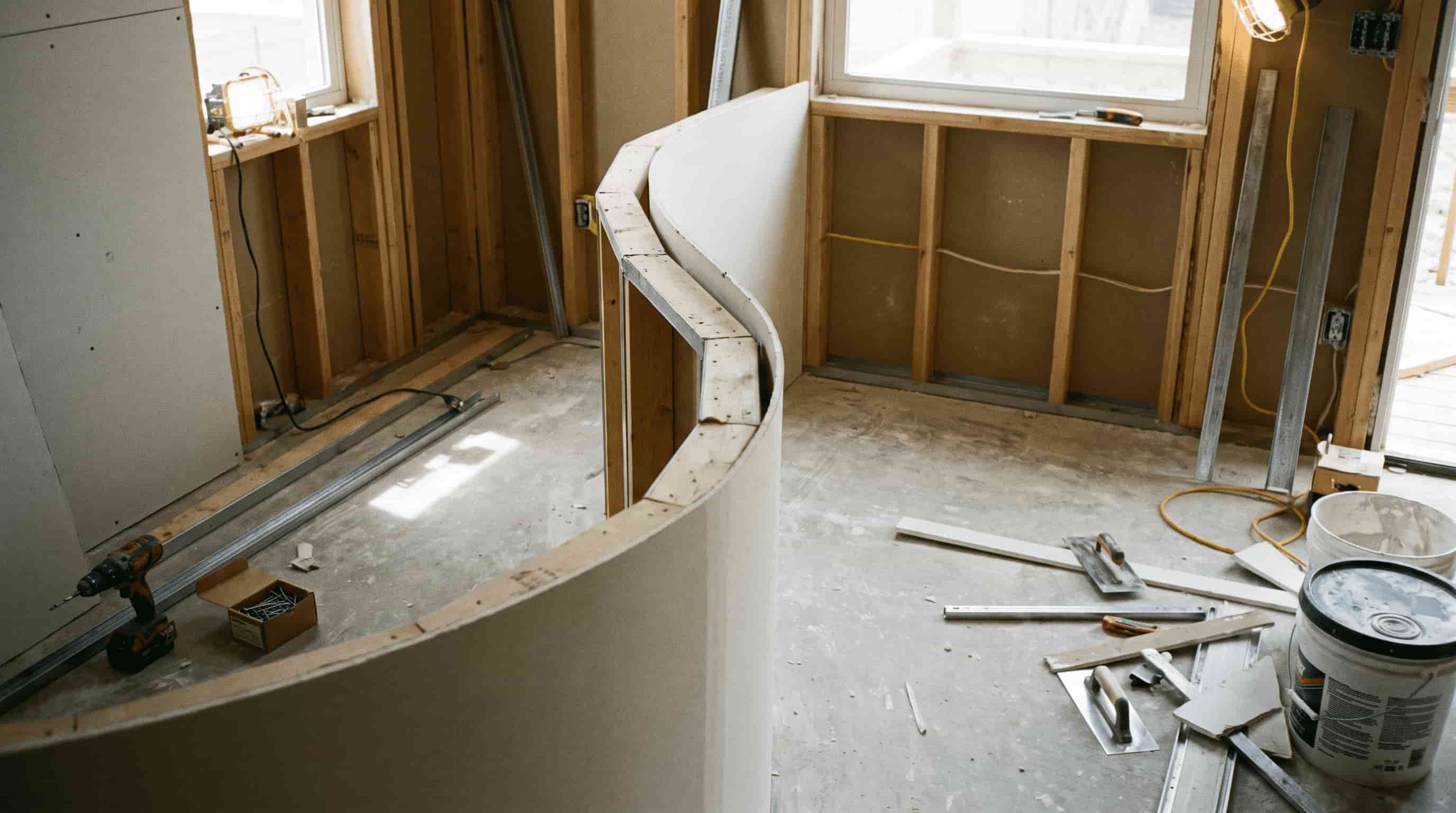 Thin drywall panel being used for a curved wall installation