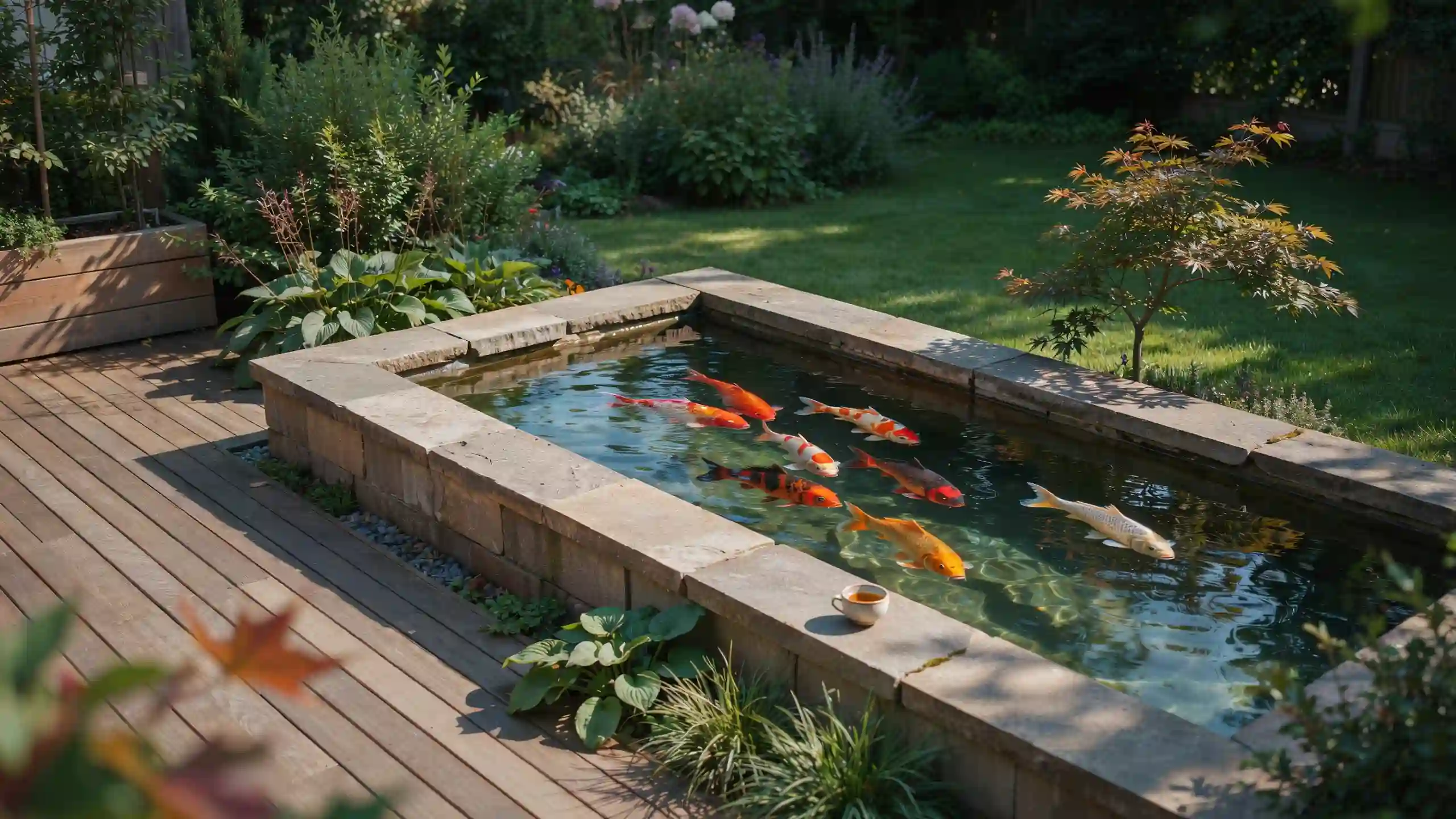 Raised rectangular koi pond with stone walls beside a wooden deck, surrounded by leafy plants and a Japanese maple.