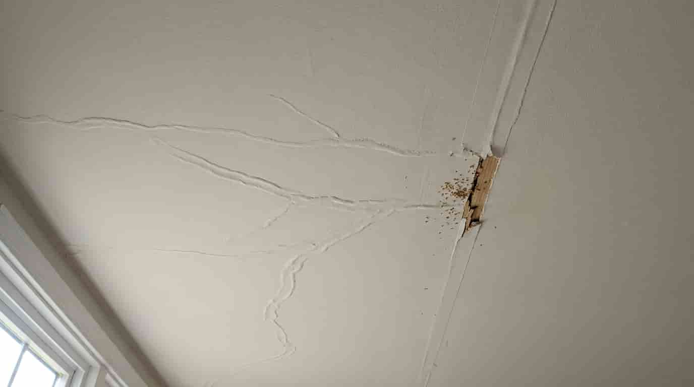Irregular termite surface trails appearing beneath painted ceiling drywall