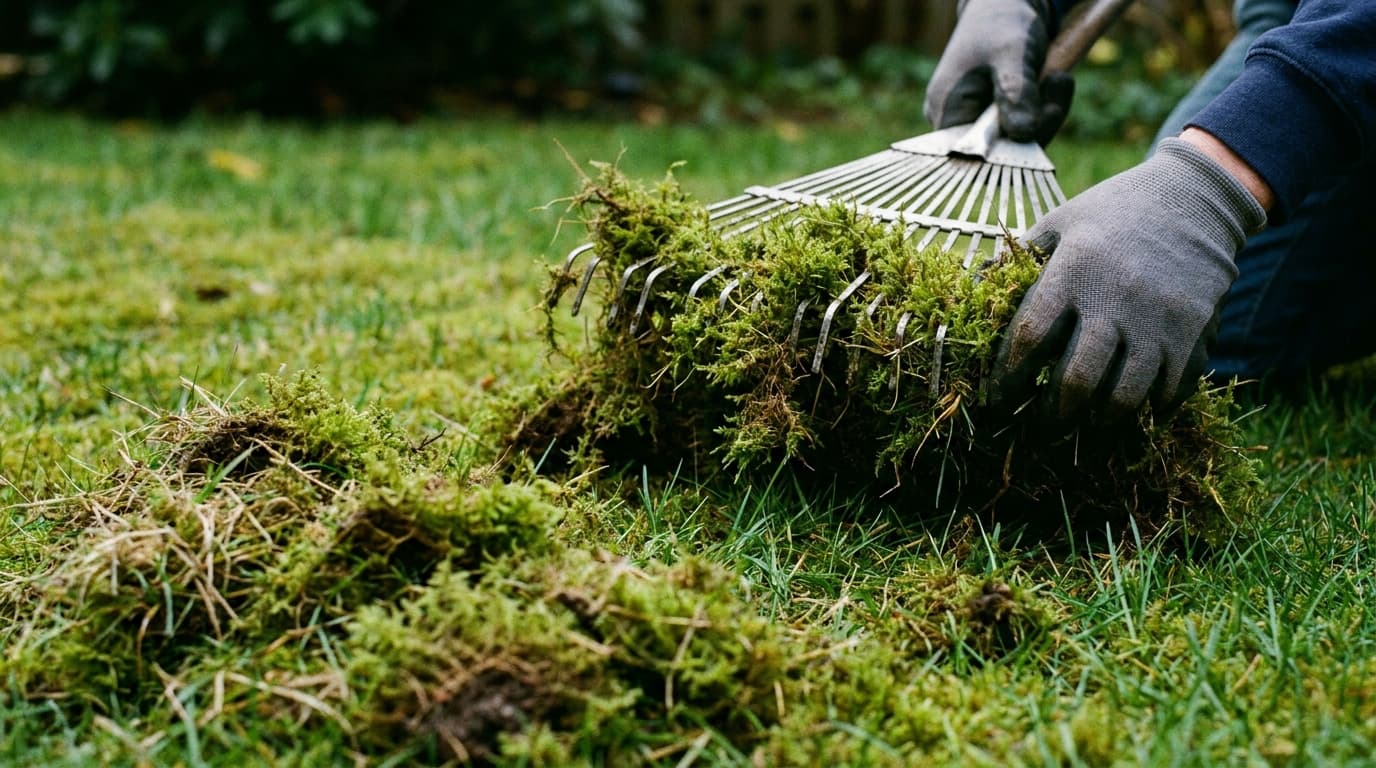 Removing moss from lawn with a metal rake to clear grass surface