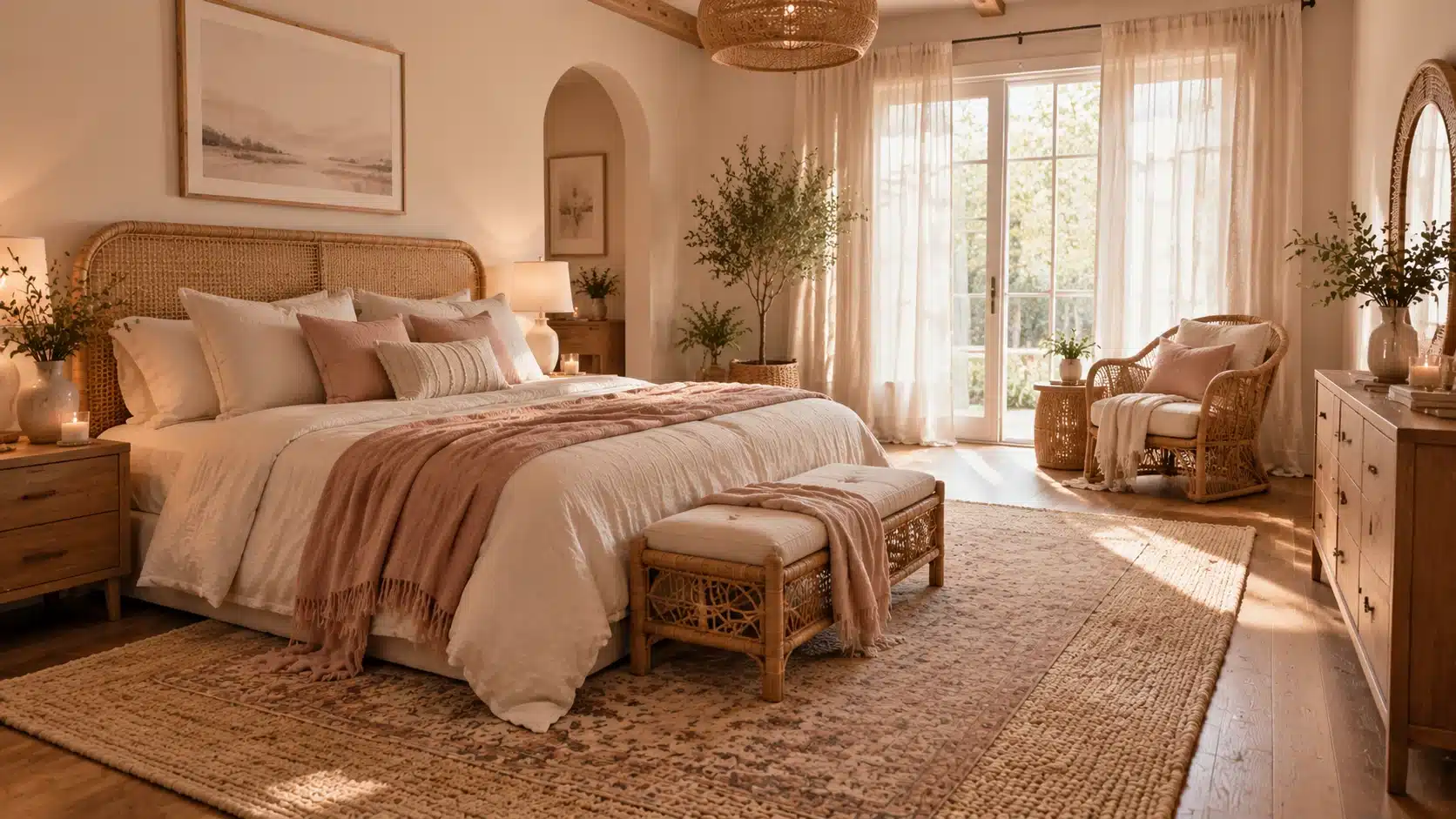 Spacious cozy bedroom featuring a rattan headboard, woven furniture, and natural textures.