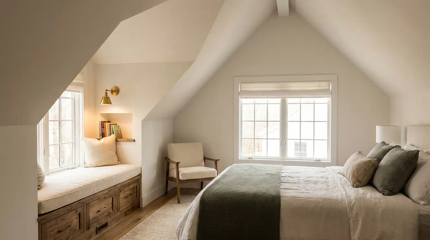 Bedroom with a built-in reading nook beneath a sloped ceiling, neutral bedding, warm wood drawers, soft lighting, and natural light.