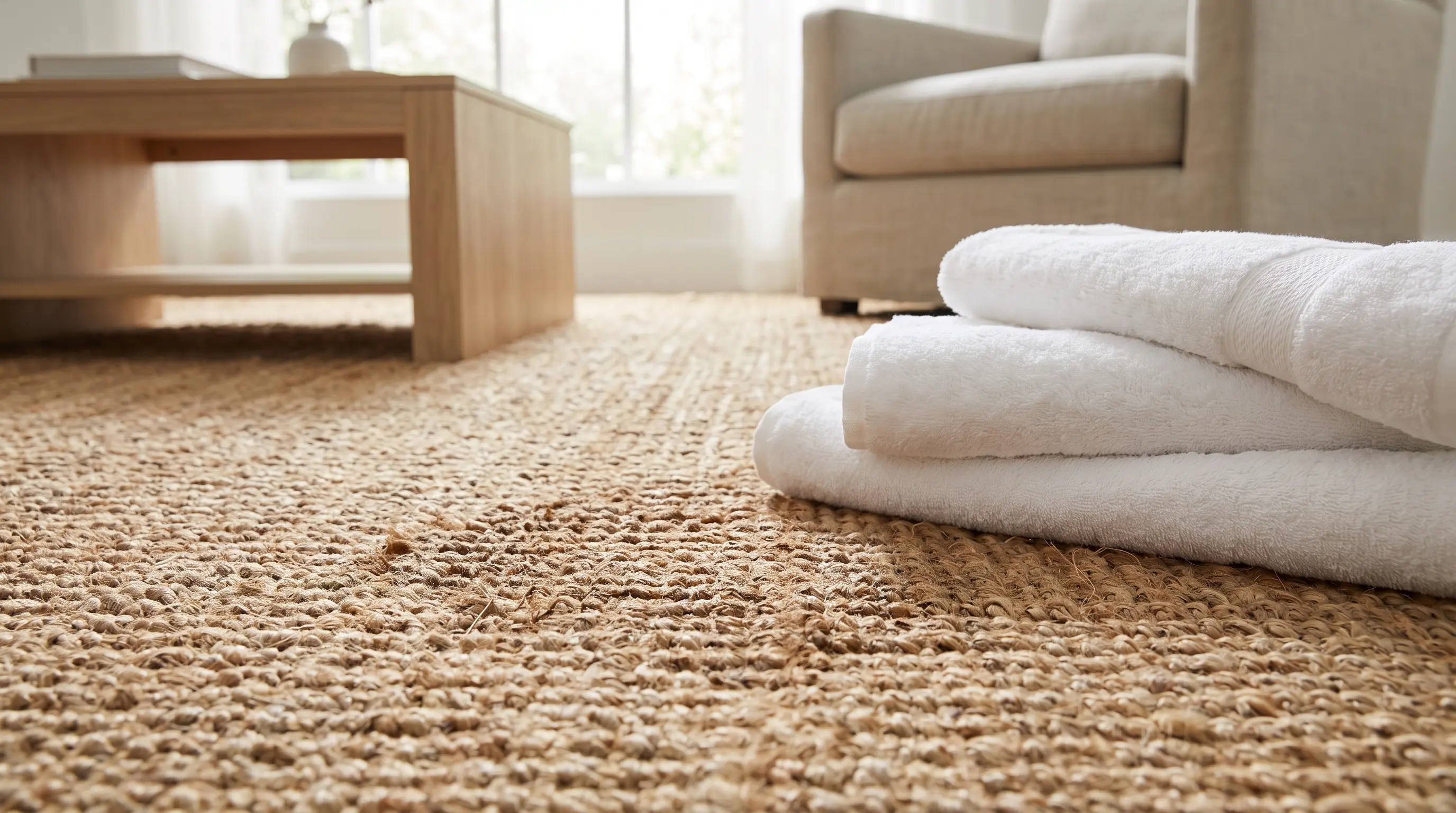 Removing spills quickly while cleaning jute rug to prevent permanent stains.