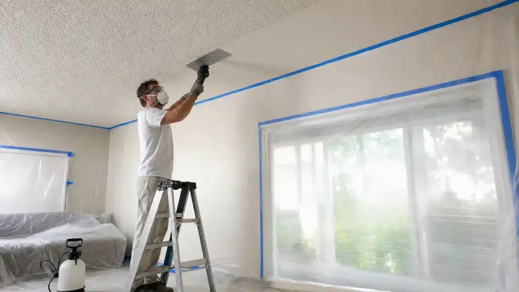 worker removing popcorn ceiling texture with a scraper in a protected room.