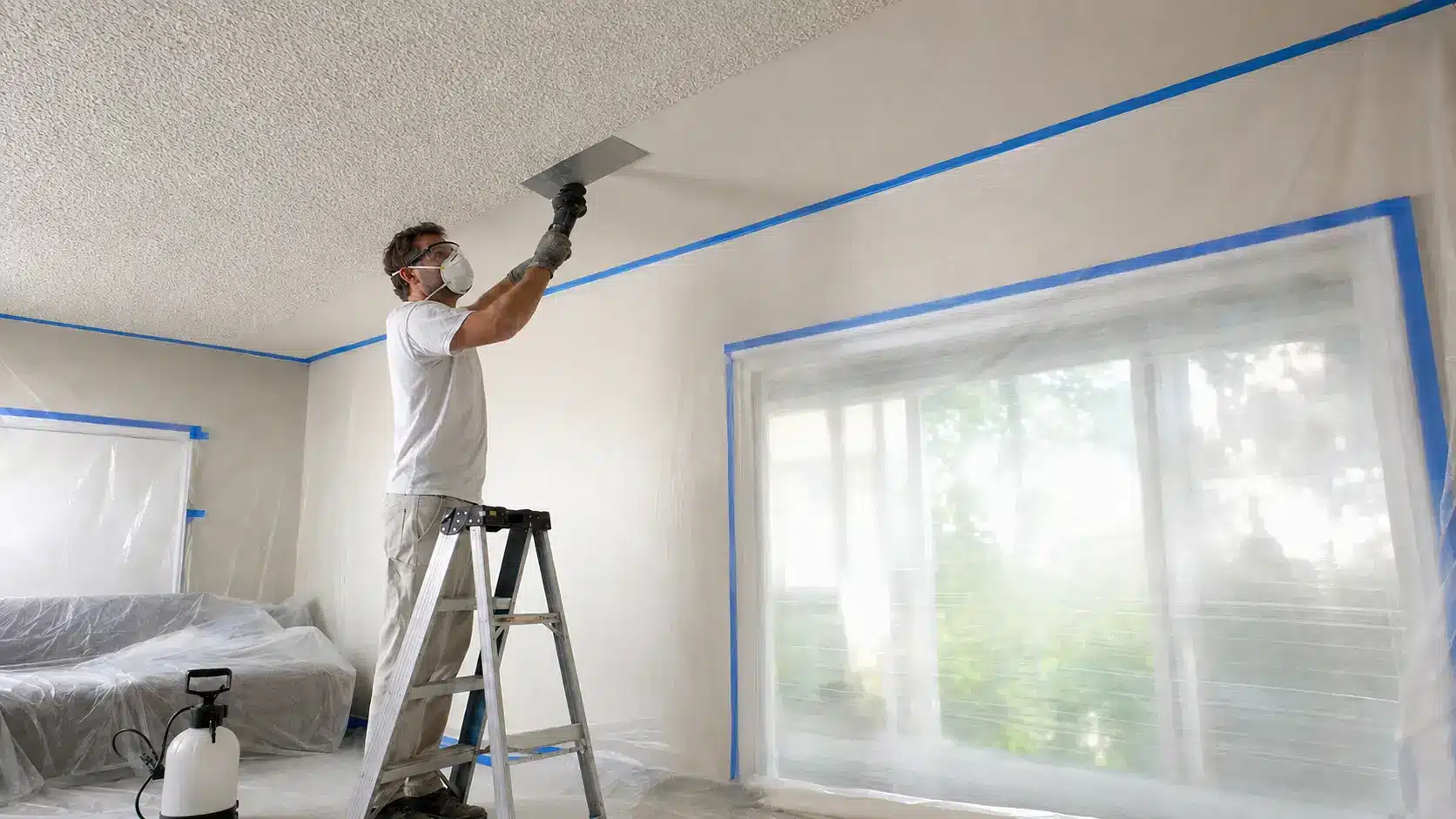 worker removing popcorn ceiling texture with a scraper in a protected room.