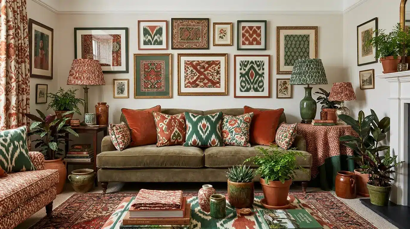 maximalist living room with repeated red green and cream patterns across cushions lamps artwork curtains and rugs