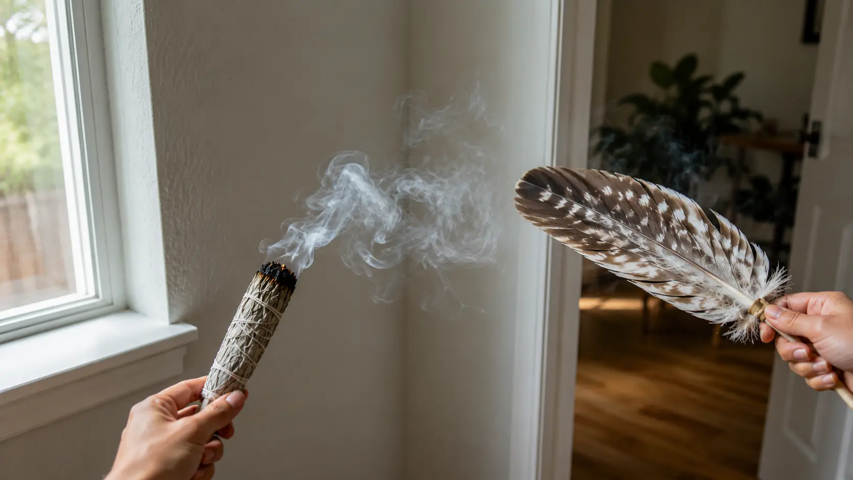 Hands guiding sage smoke with a feather fan near a window and doorway during a home cleansing ritual