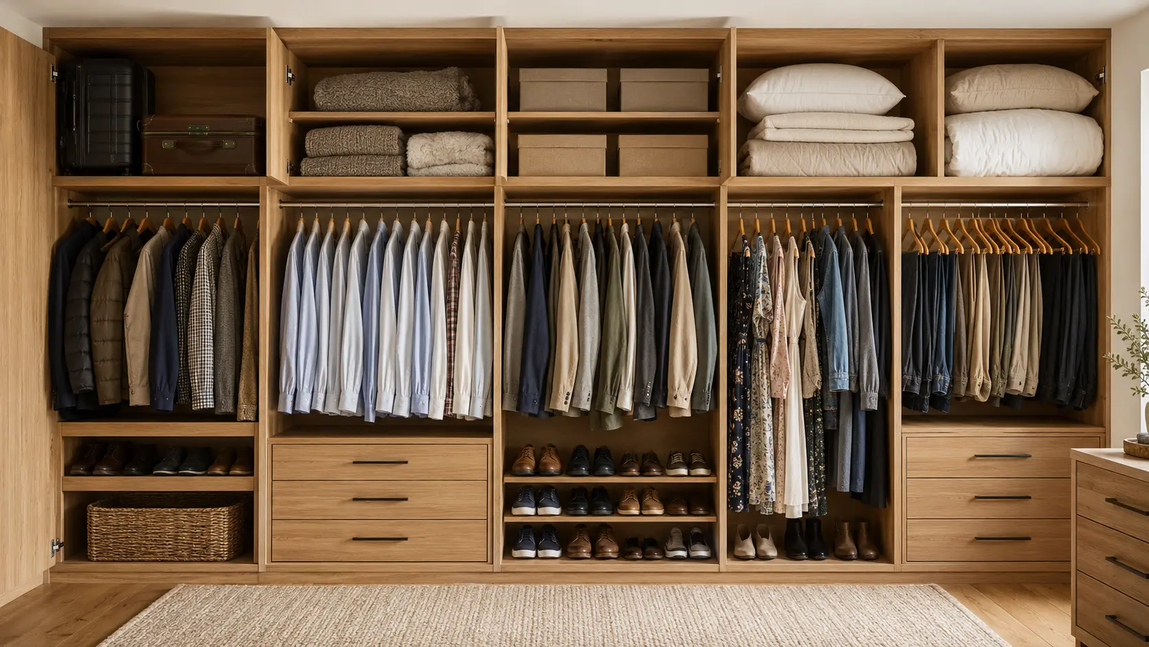 Master closet with luggage, winter blankets, seasonal boxes, and spare bedding stored above everyday clothing sections