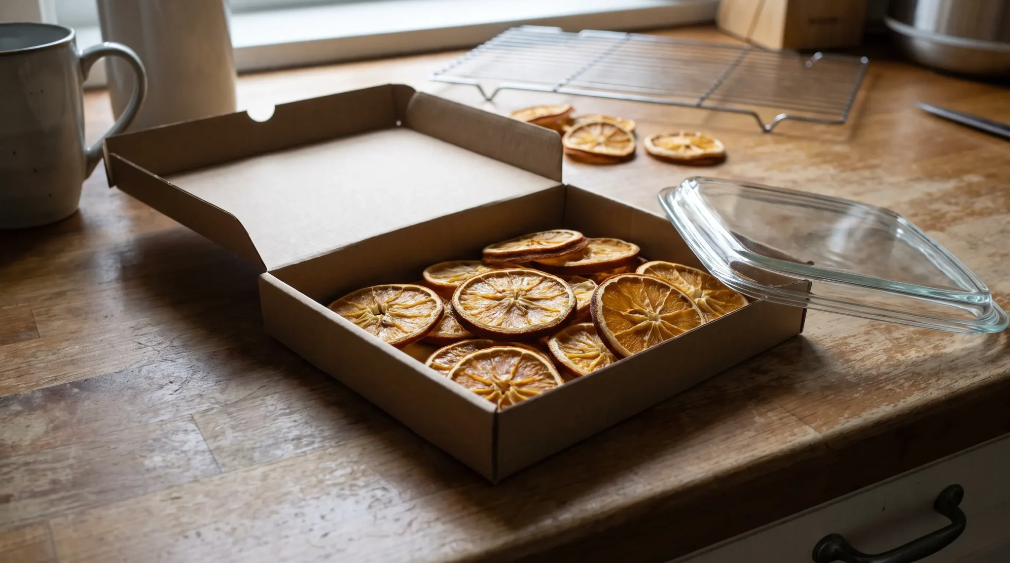 Fully dried orange slices resting in a dry container before being threaded into a garland.