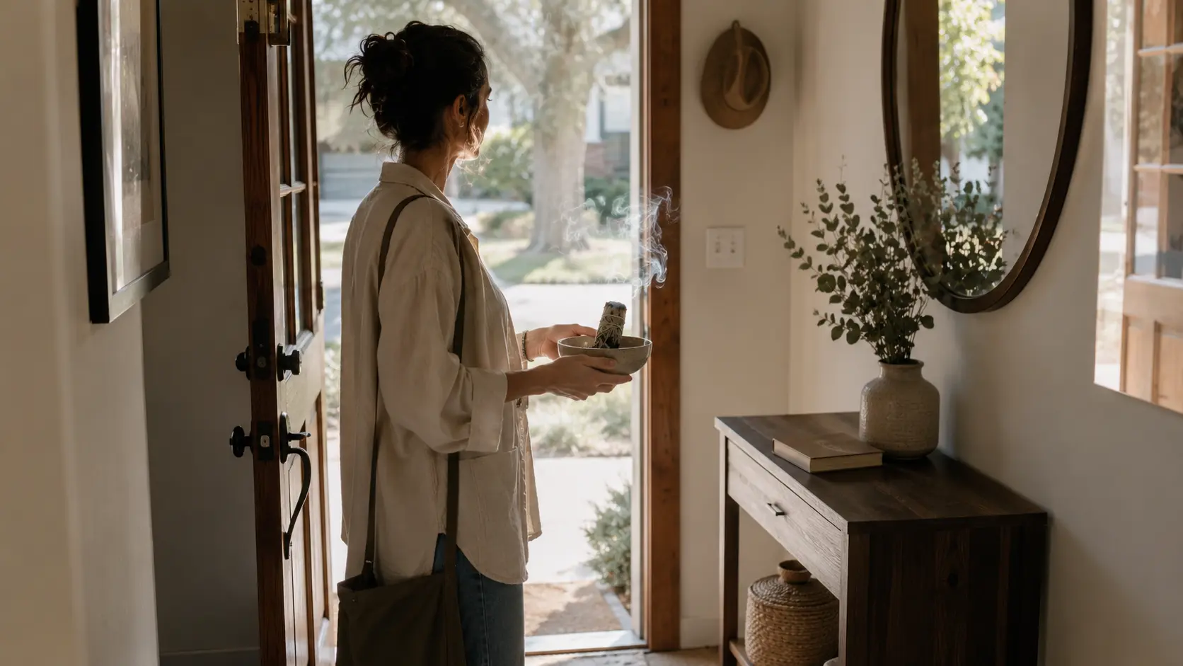 Woman carrying a smoking sage bundle in a ceramic bowl while moving slowly through a bright home hallway.