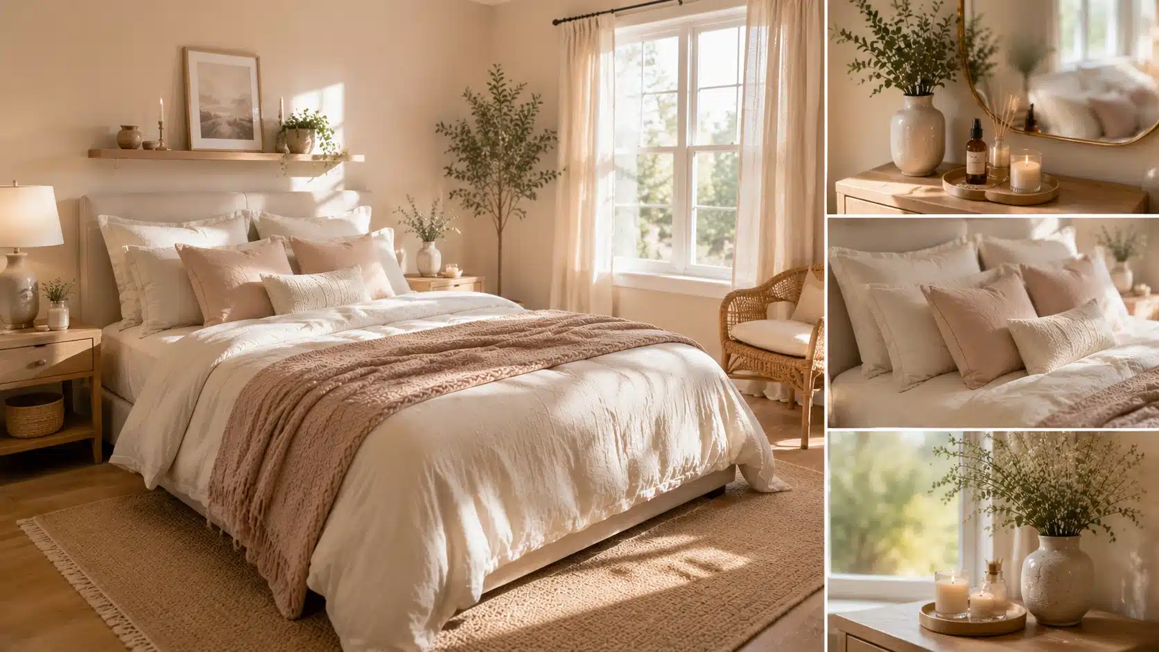 Romantic cozy bedroom with natural light, soft neutral bedding, warm textures, candles, plants, and calming decor details.