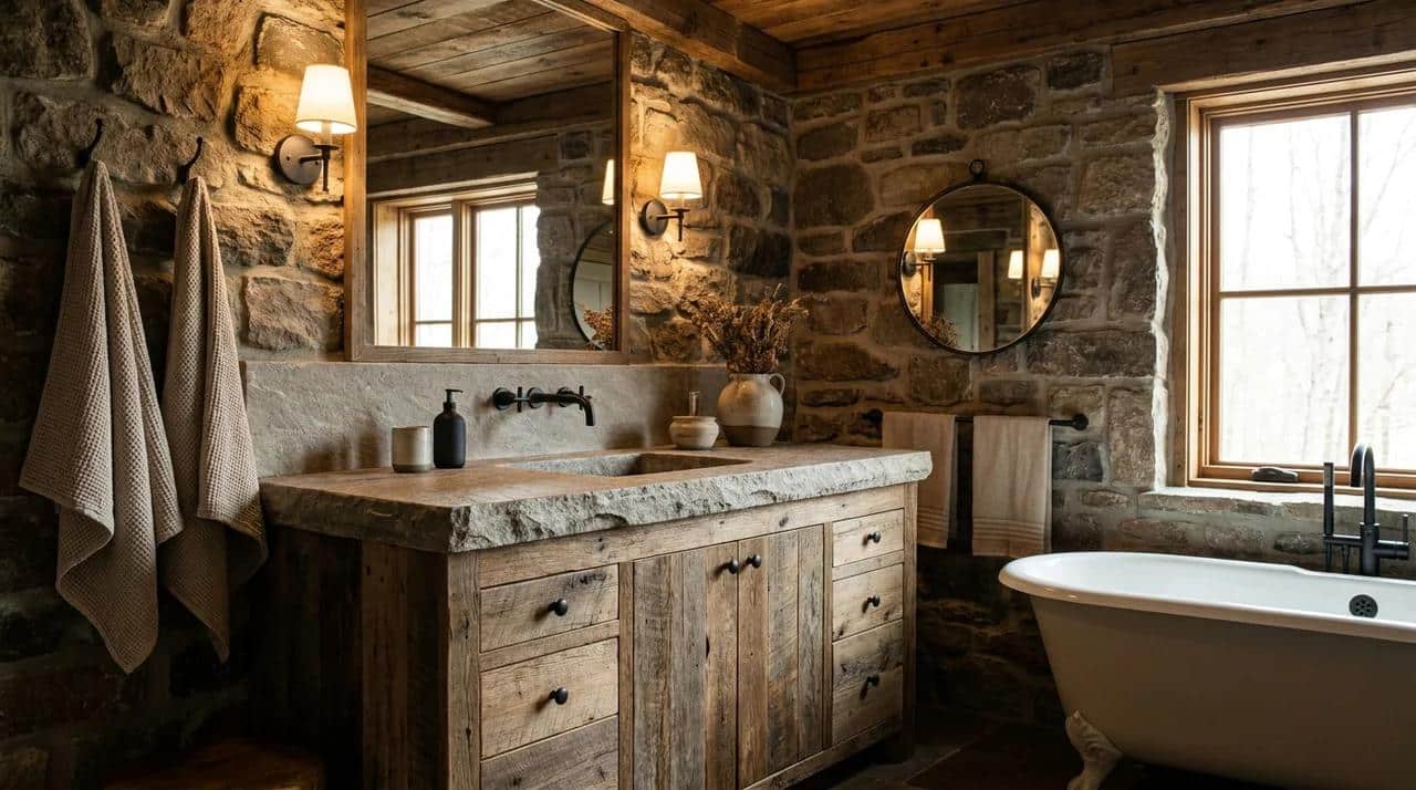 Rustic bathroom with stone surfaces, wooden vanity, matte fixtures, and warm lighting.