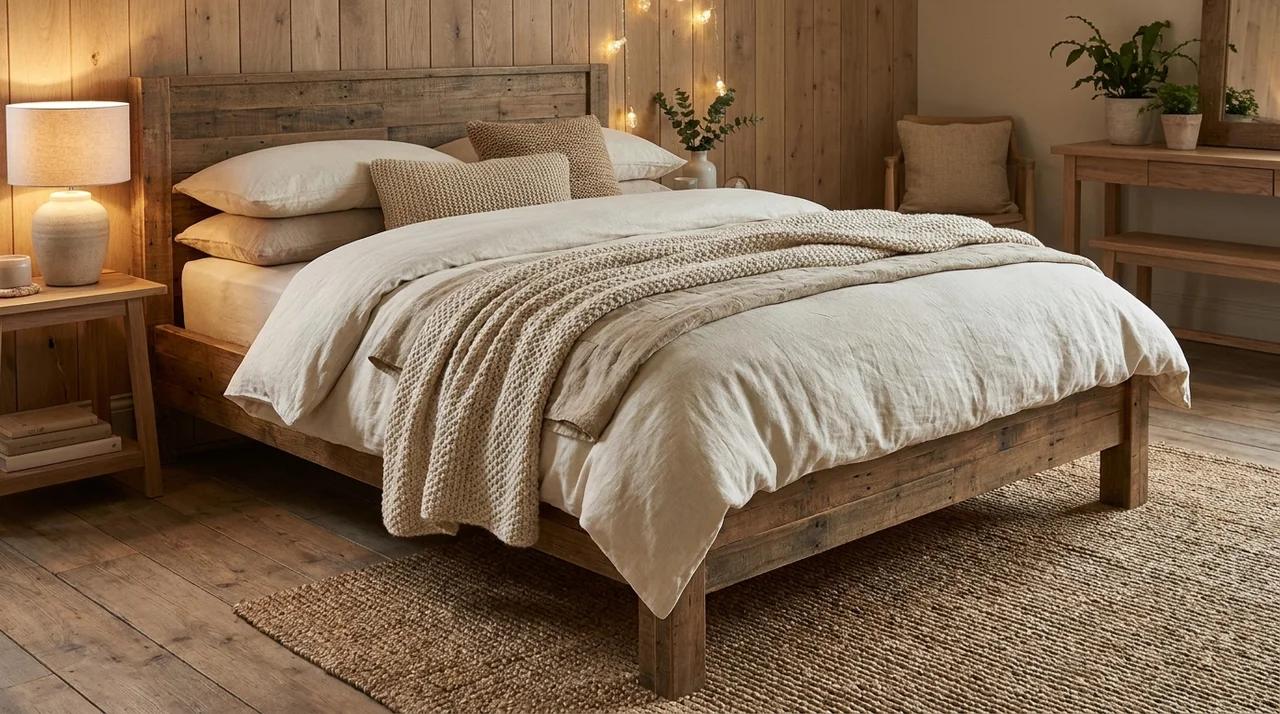 Rustic bedroom with wooden bed, linen bedding, woven rug, and warm natural textures.