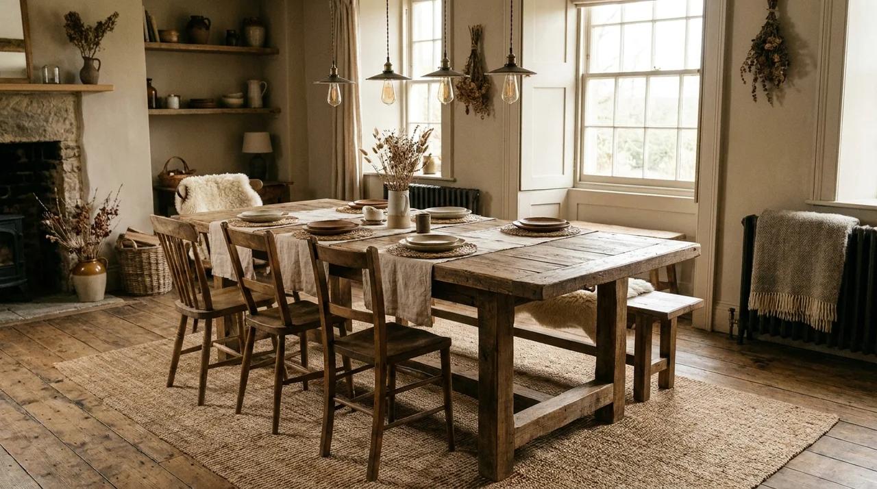 Rustic dining room with reclaimed wood table, chairs, pendant lights, and natural décor.