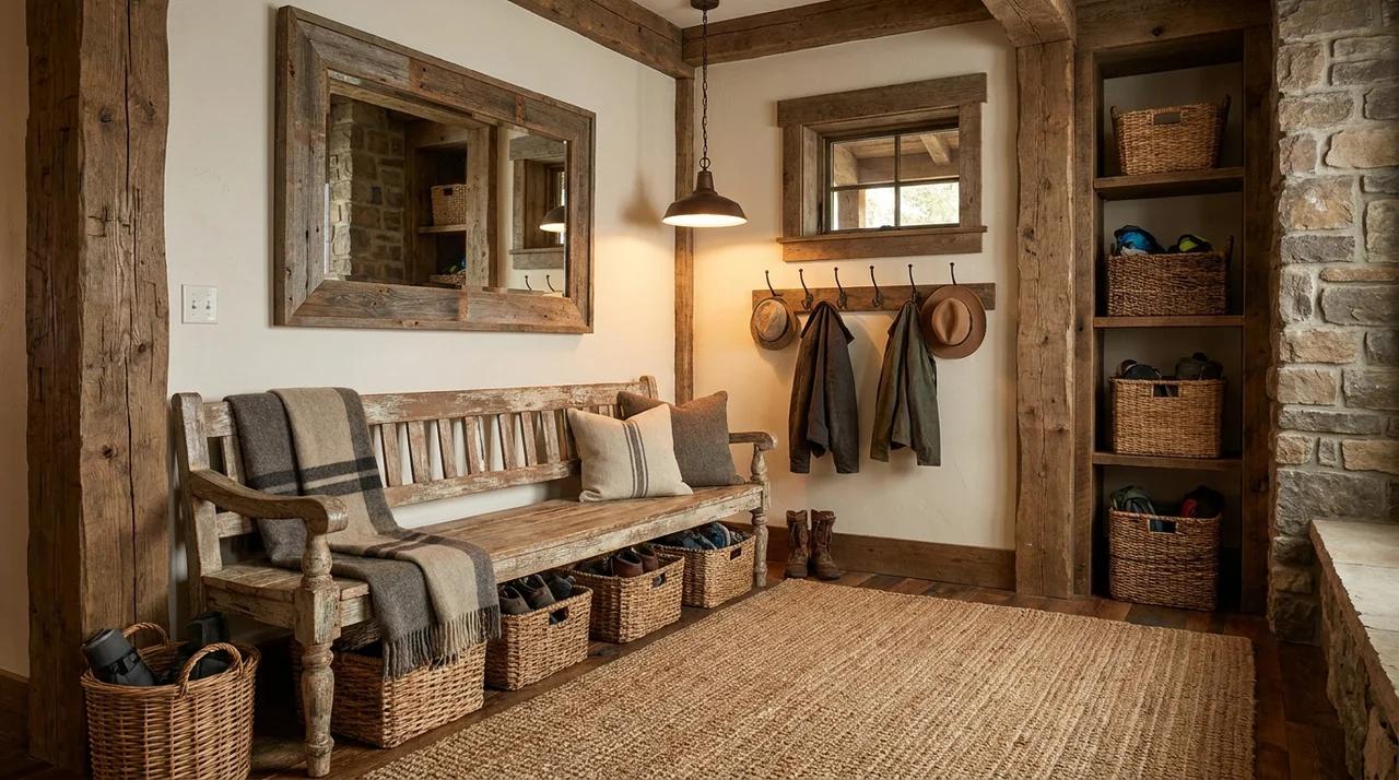Rustic entryway with wooden bench, baskets, hooks, and natural fiber rug.
