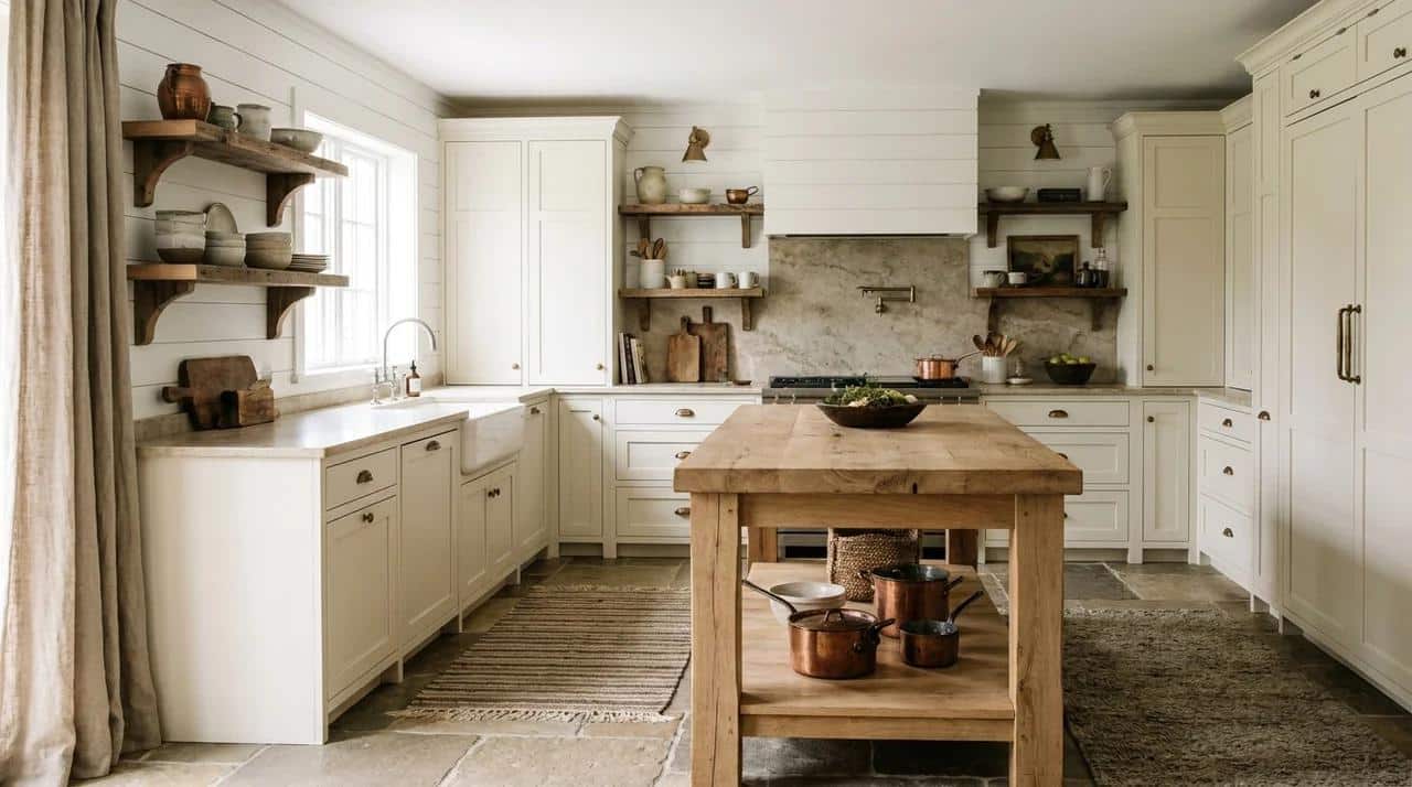 Farmhouse kitchen with shiplap walls, open shelves, rustic wood, stone accents, and natural textures.