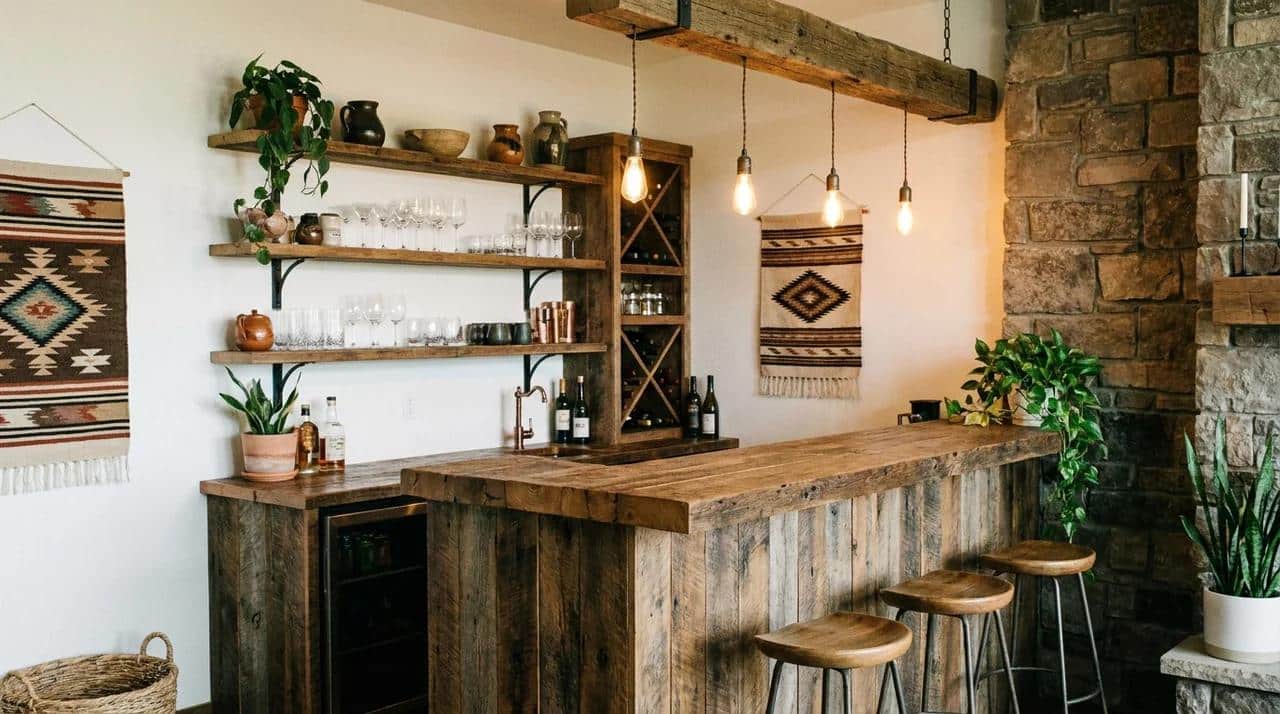 Rustic home bar with wooden counter, open shelves, glassware, and warm lighting.