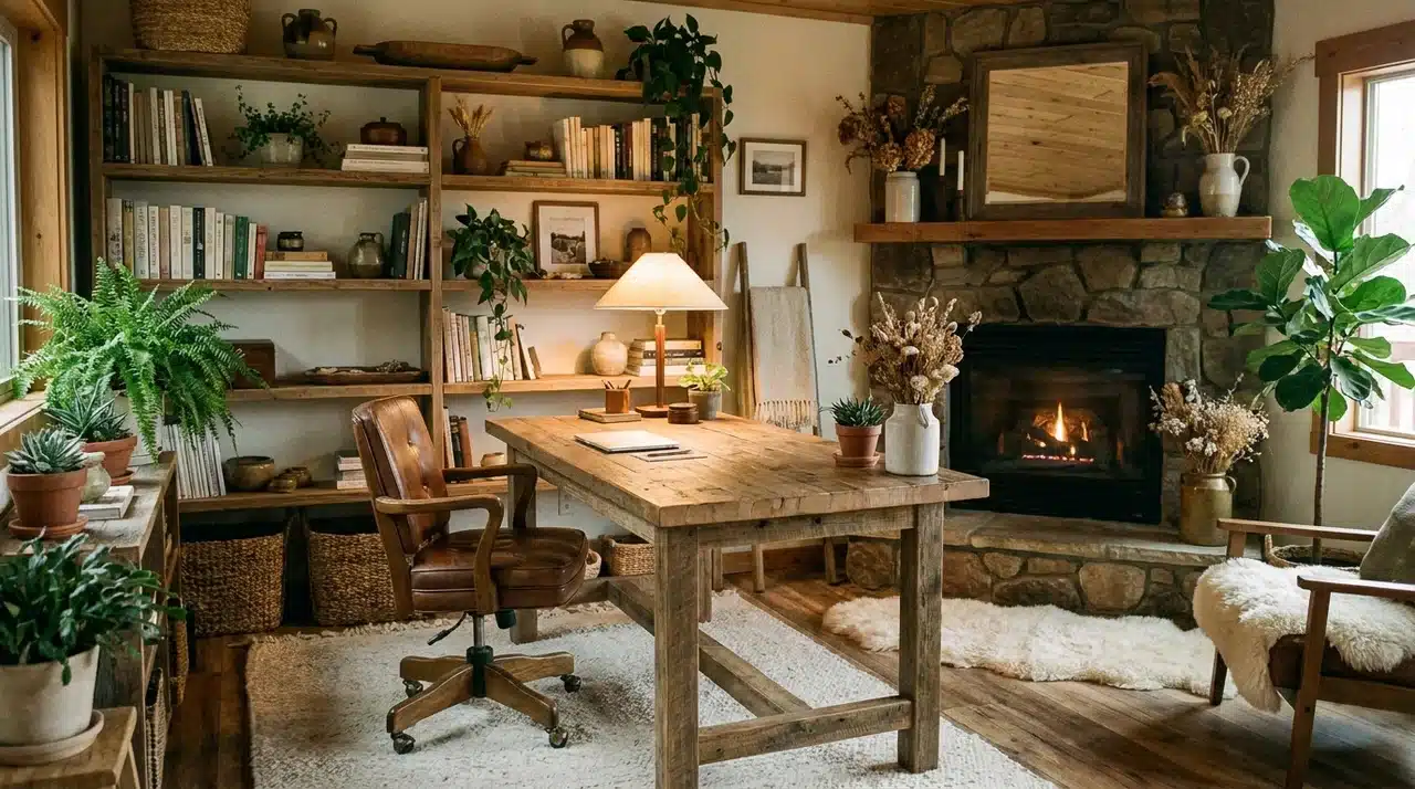 Rustic home office with wooden desk, leather chair, shelves, and warm lighting.
