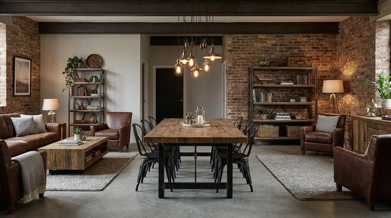 Rustic industrial room with reclaimed wood, exposed brick, metal accents, and warm lighting.