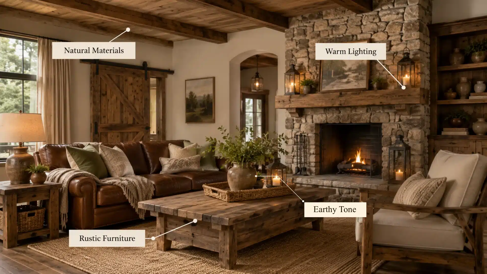 Rustic interior design room showing natural materials, earthy colors, rustic furniture, and warm lighting with style details.