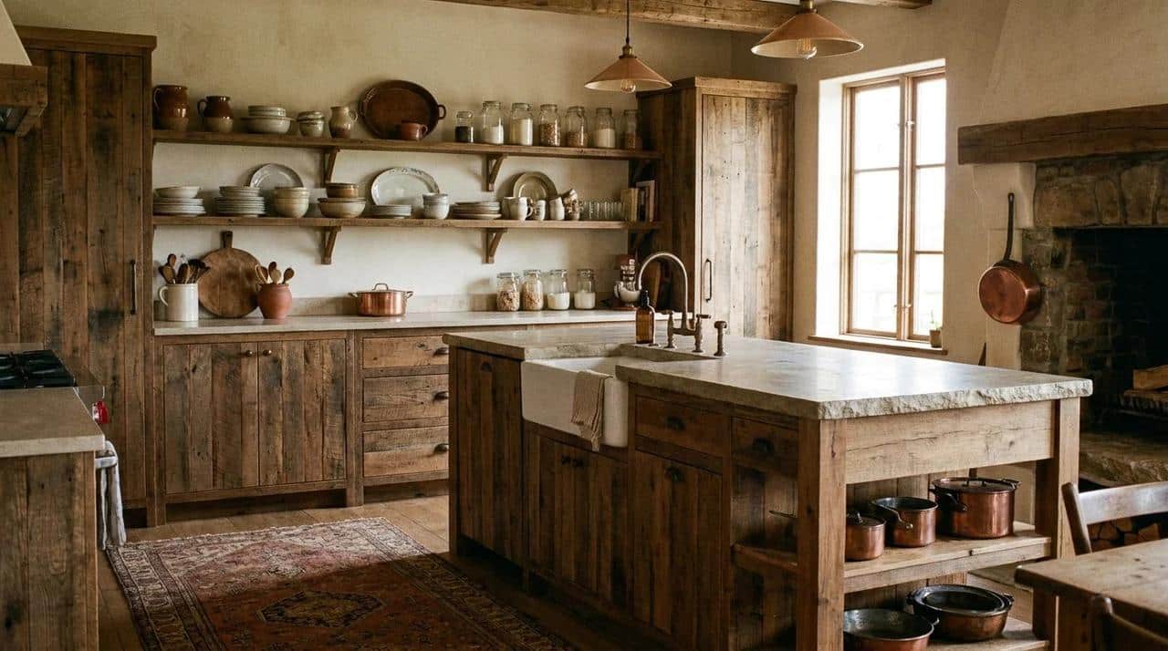 Rustic farmhouse kitchen with wood cabinets, stone counters, island, and open shelving.